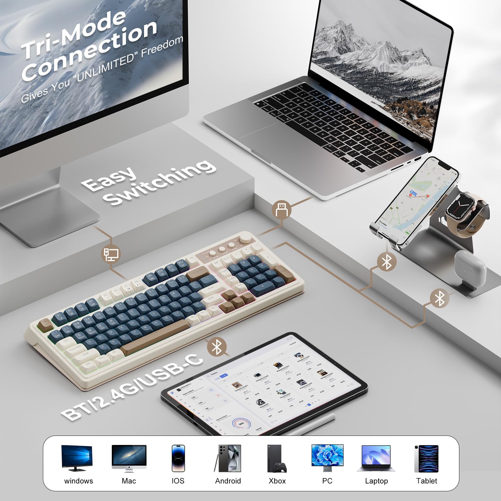 Foto 4 pulgar | Teclado Para Videojuegos Aula 99 Teclas Tri-mode Bluetooth/2.4 Ghz/usb-c - Venta Internacional.