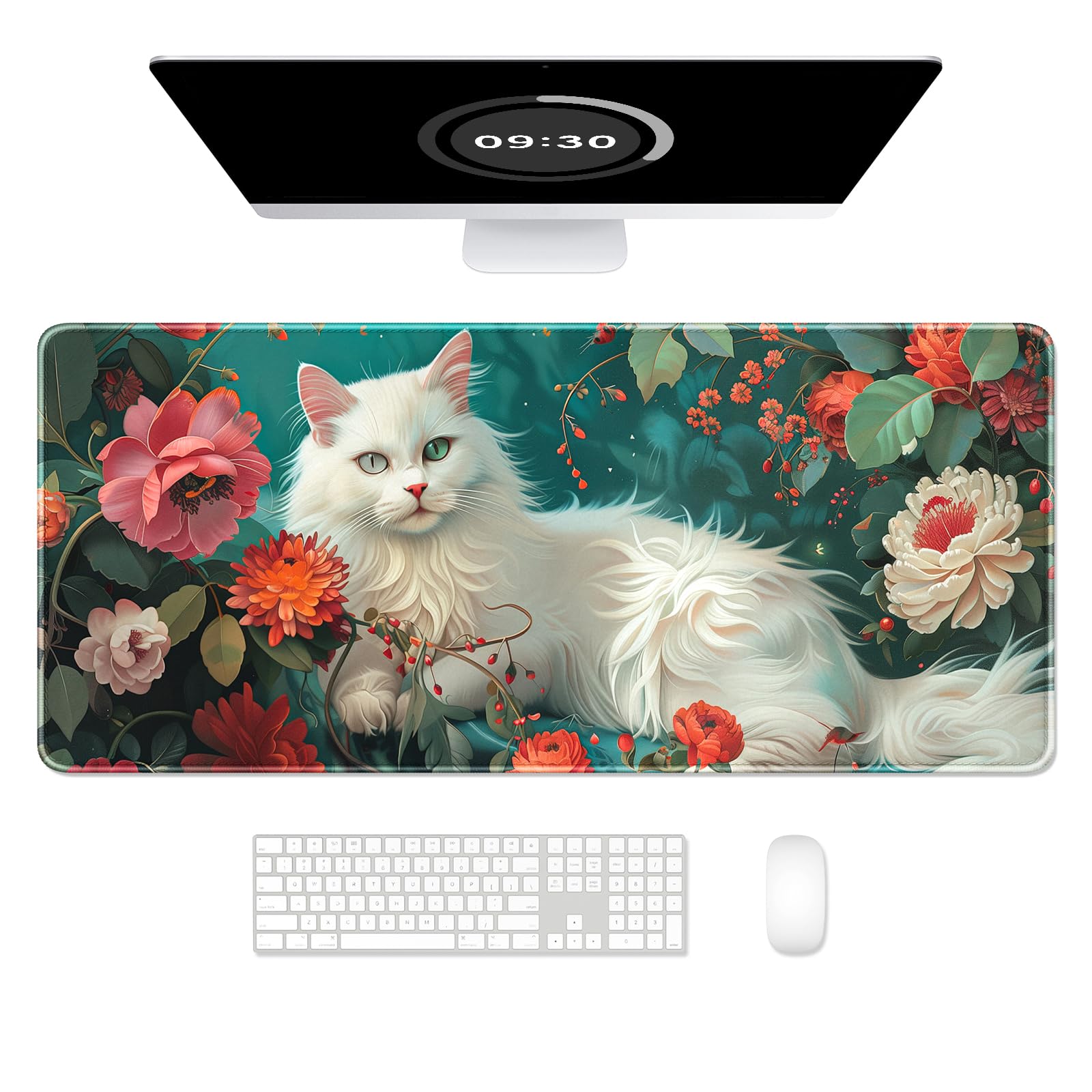 Foto 2 pulgar | Alfombrilla De Escritorio Auhoahsil Xxl Para Videojuegos, Diseño De Gato Y Peonía - Venta Internacional.