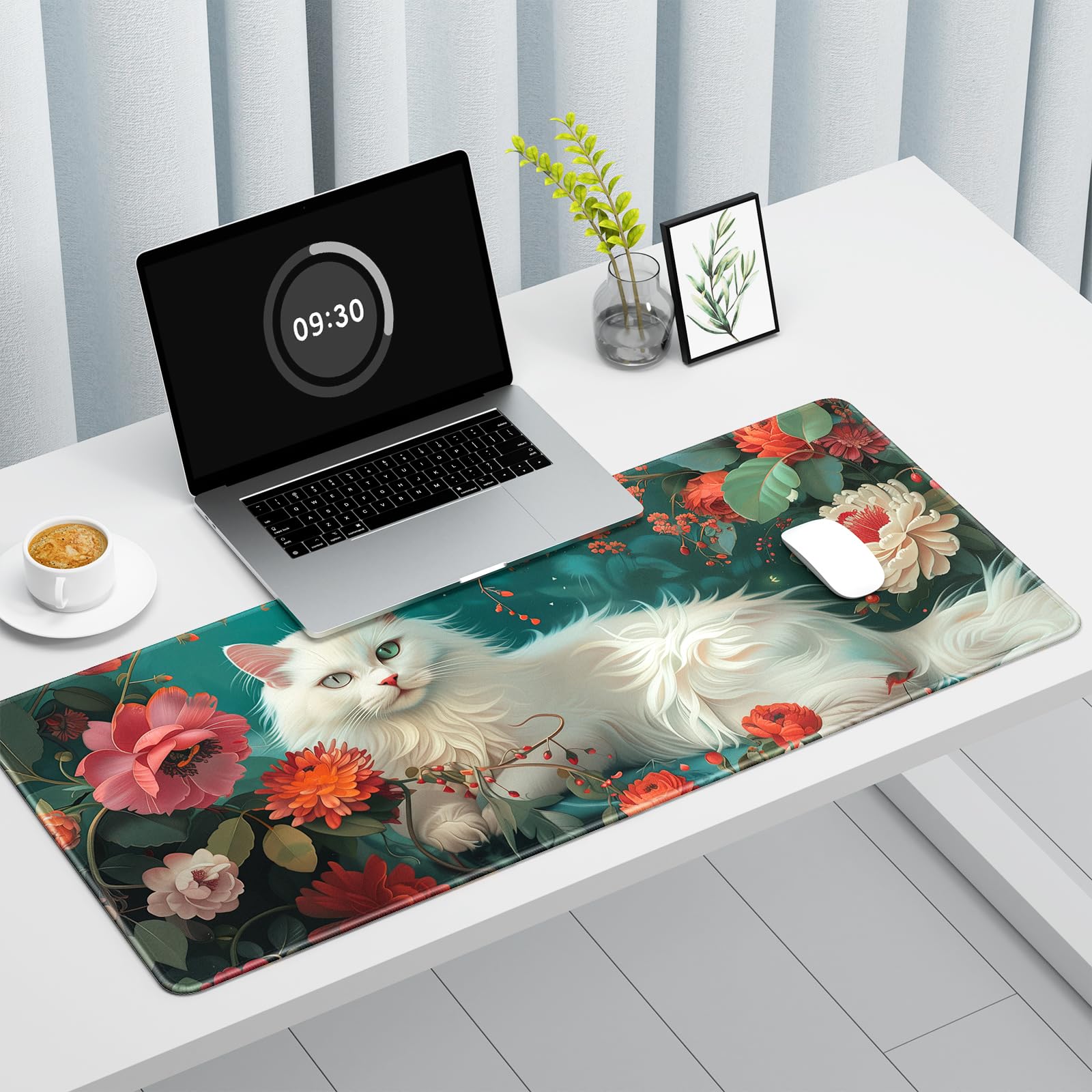 Foto 3 pulgar | Alfombrilla De Escritorio Auhoahsil Xxl Para Videojuegos, Diseño De Gato Y Peonía - Venta Internacional.