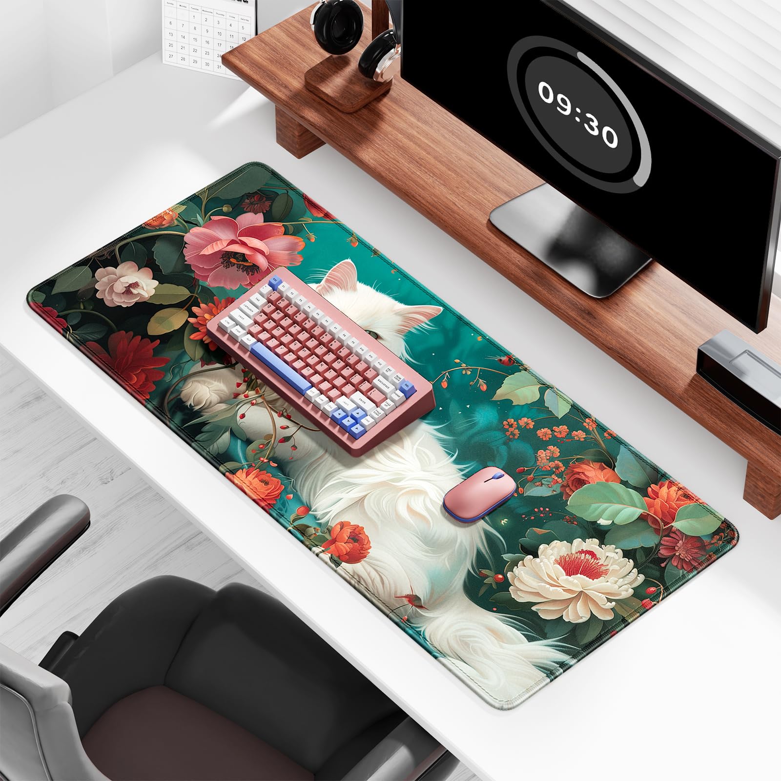 Foto 4 pulgar | Alfombrilla De Escritorio Auhoahsil Xxl Para Videojuegos, Diseño De Gato Y Peonía - Venta Internacional.