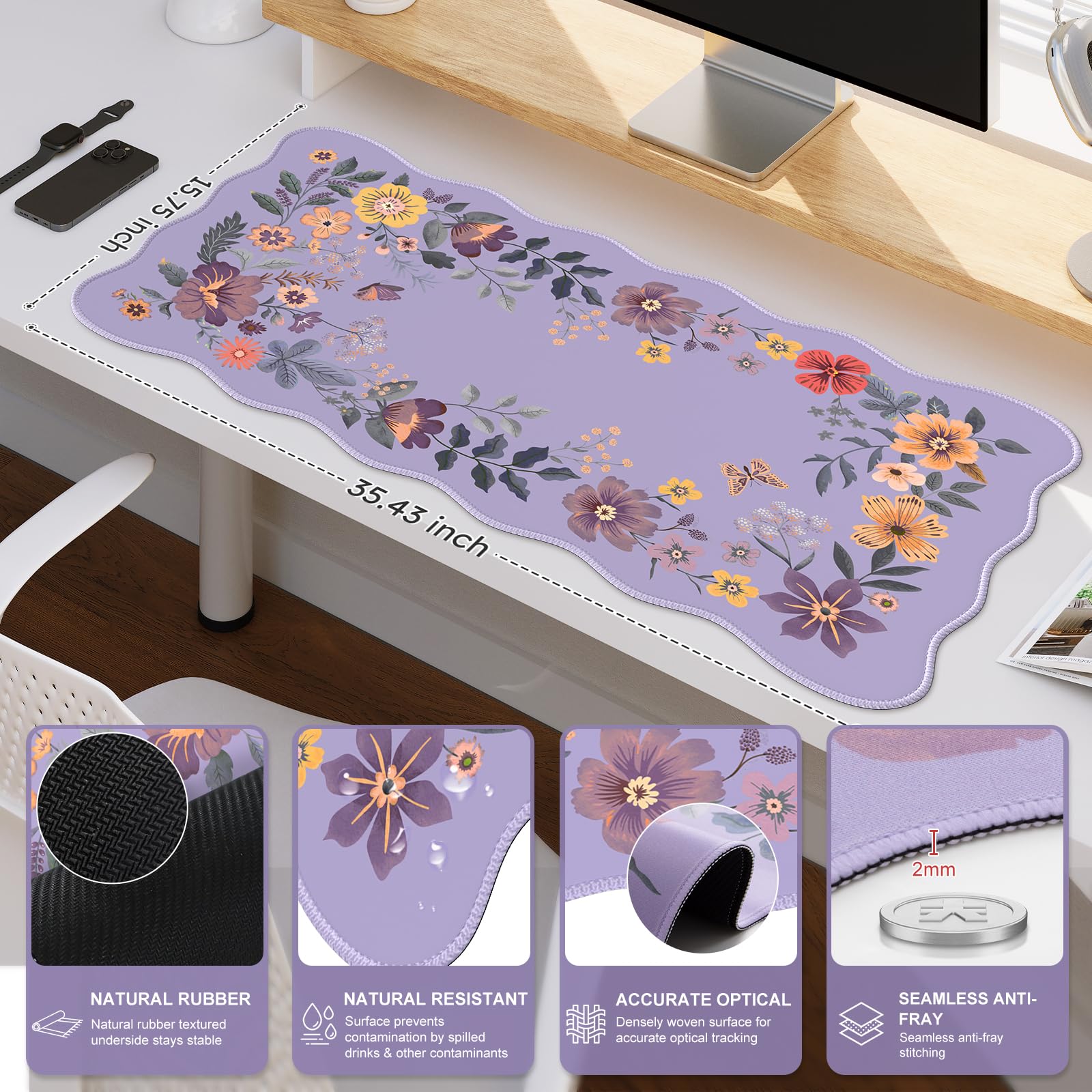 Foto 3 pulgar | Alfombrilla Icasso Para Escritorio Con Alfombrilla De Ratón, 90 X 40 Cm, Color Morado - Venta Internacional.