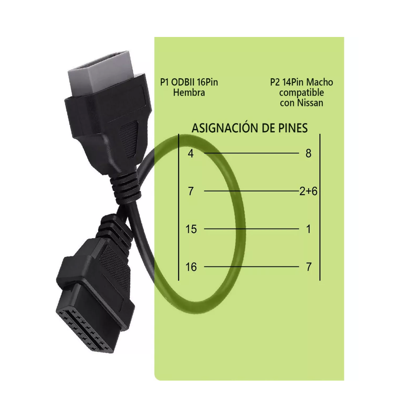 Foto 4 pulgar | Adaptador De Escáner Obd2 Para Nissan/tsuru De 16 A 14 Pines Negro