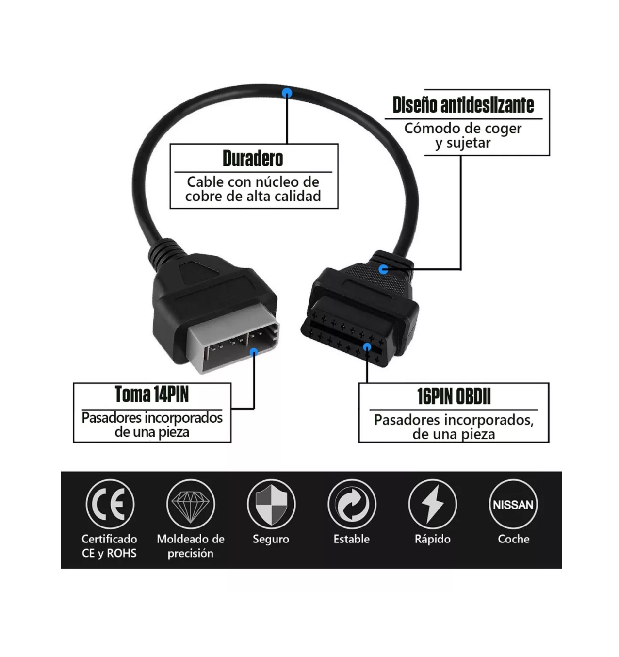 Foto 5 pulgar | Adaptador De Escáner Obd2 Para Nissan/tsuru De 16 A 14 Pines Negro