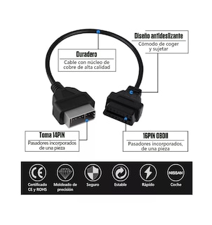 Foto 4 | Adaptador De Escáner Obd2 Para Nissan/tsuru De 16 A 14 Pines Negro