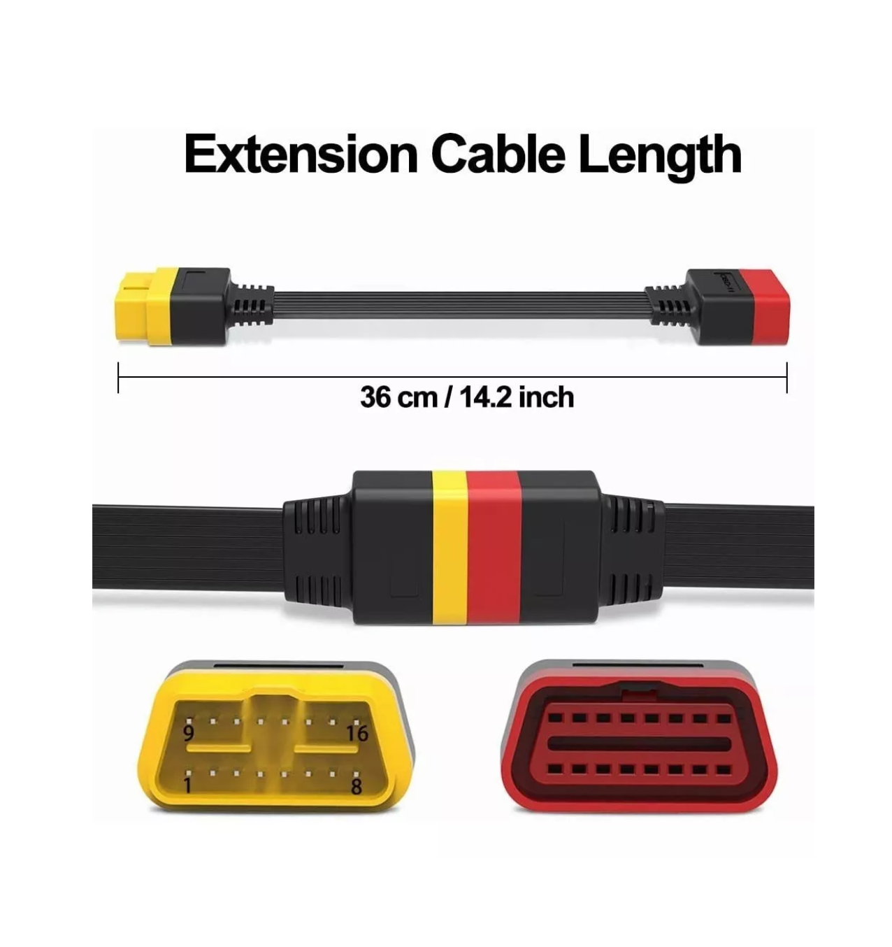 Foto 3 pulgar | Cable De Extensión Obd2 16 Pin Para Escaner Automotriz 36cm Negro/rojo/amarillo