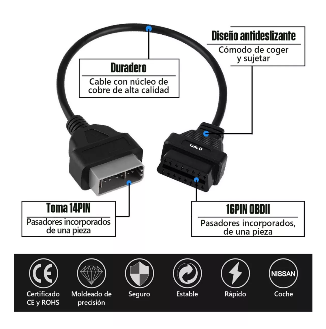 Foto 5 pulgar | Adaptador De Escáner Obd2 Para Nissan/tsuru De 16 A 14 Pines Lab.g Negro