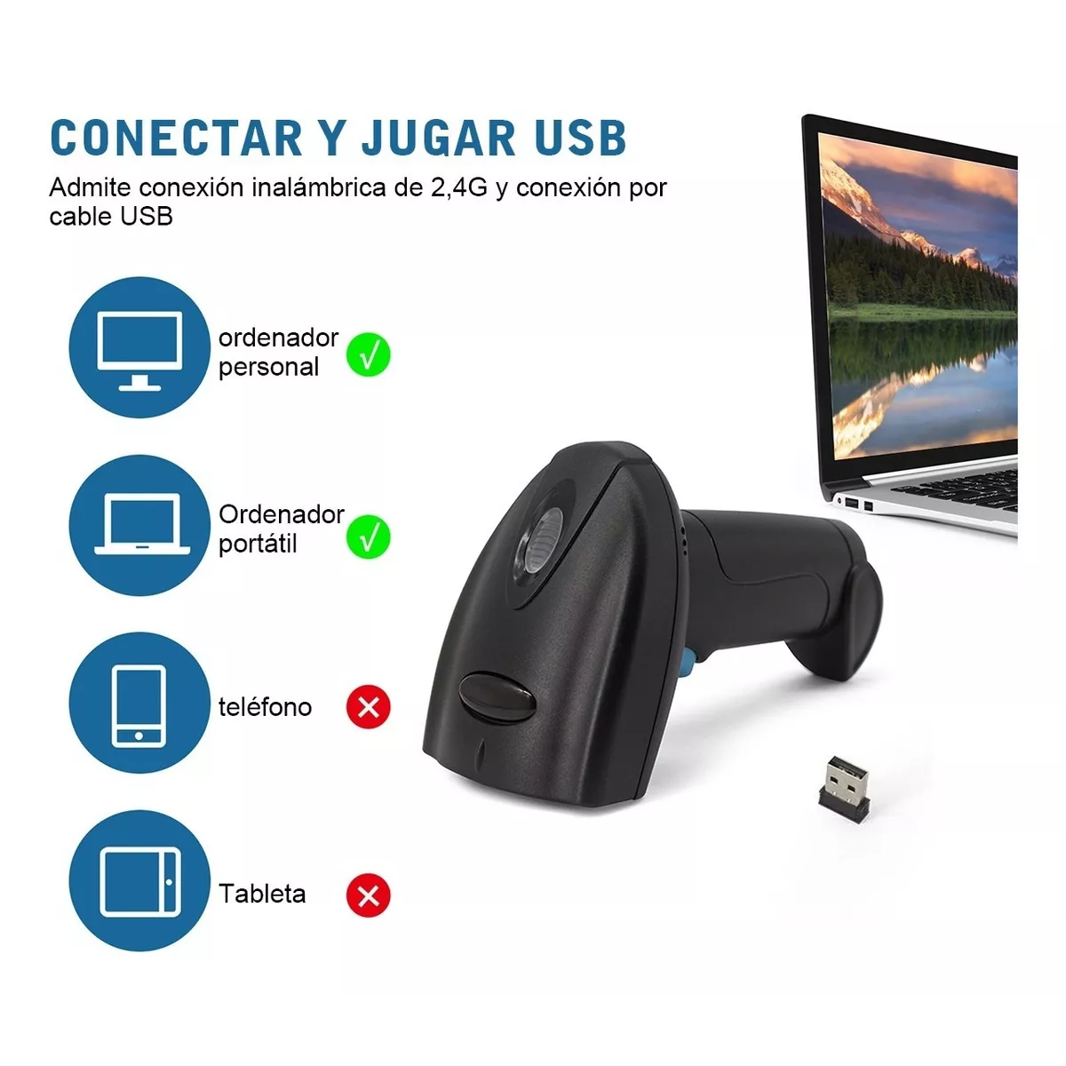 Foto 4 pulgar | Usb 2 en 1 Escáner de Código de Barras Inalámbrico Eo Safe Imports Esi-9702 Negro