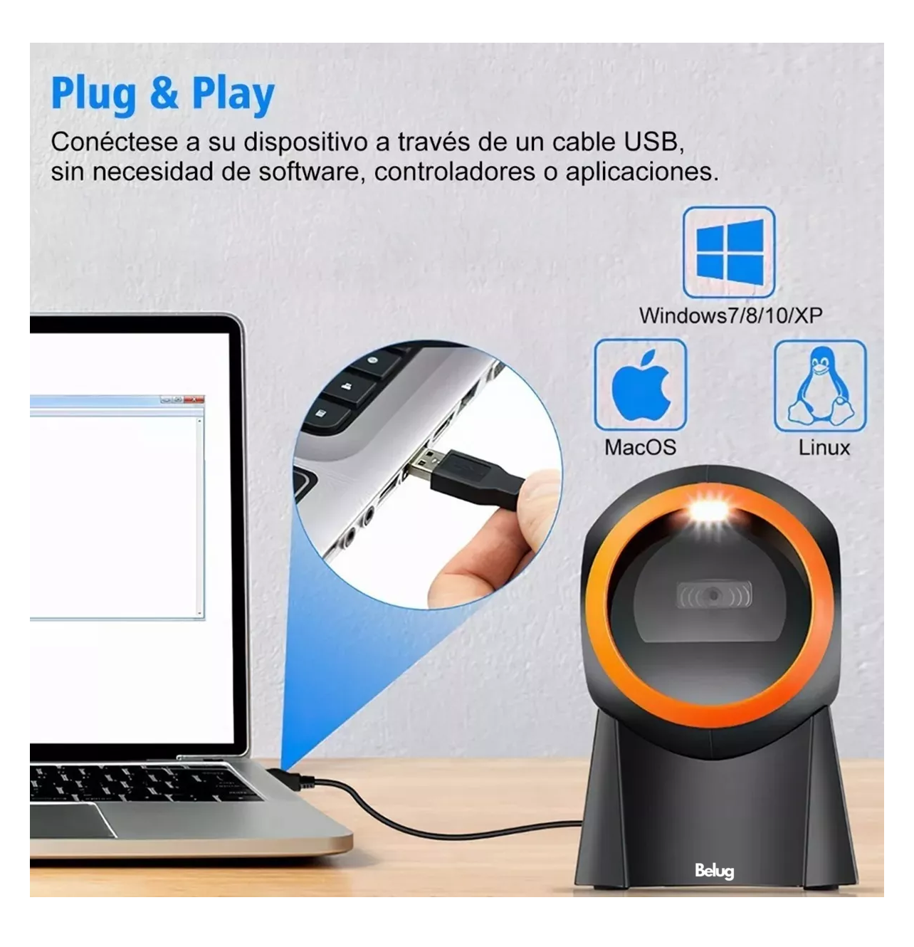 Foto 2 | Lector Código Barras Omnidireccional 1d/2d/qr Usb Scanner Belug Negro