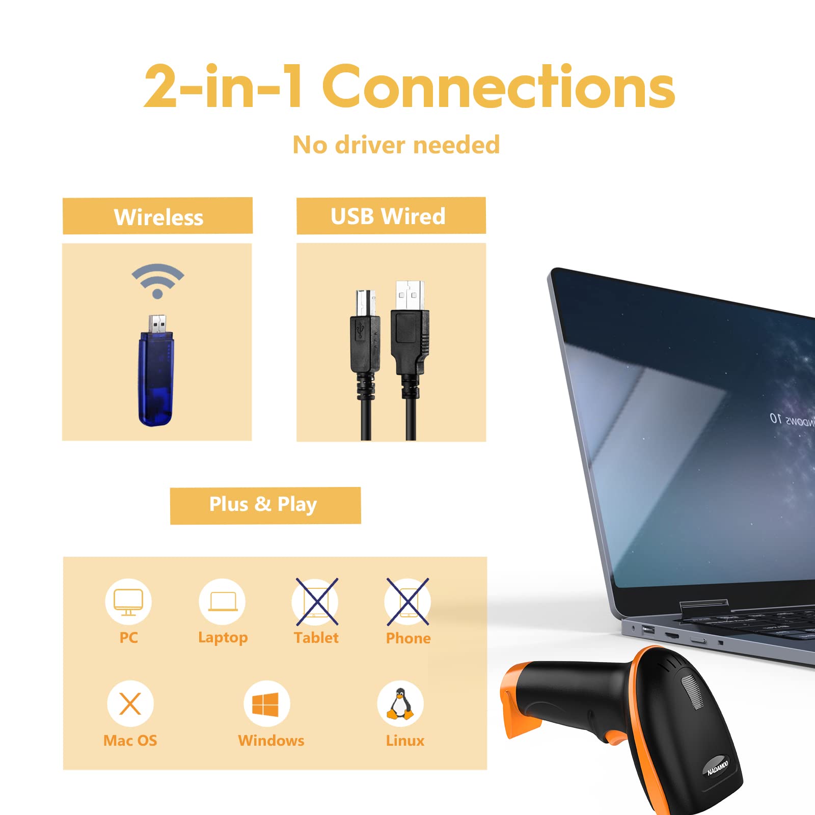 Foto 4 pulgar | Escáner De Código De Barras Inalámbrico Nadamoo Usb 1d Laser De 328 Pies, Naranja - Venta Internacional.