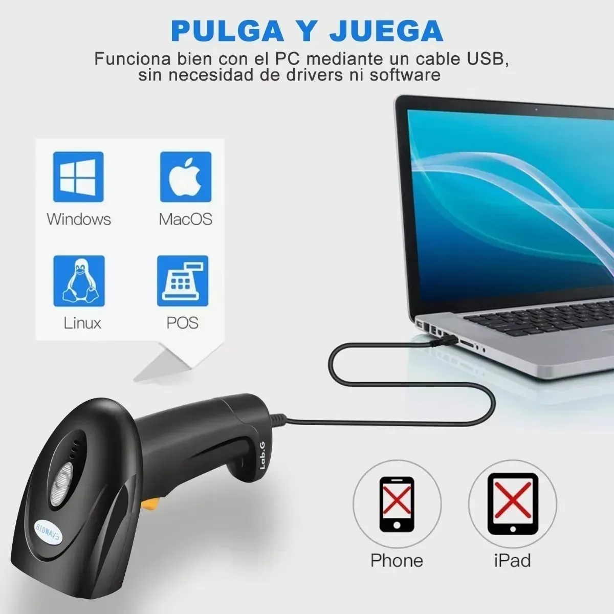 Foto 4 pulgar | Lector De Barras Laser Tipo De Conector Del Cable Usb Lab.g Negro