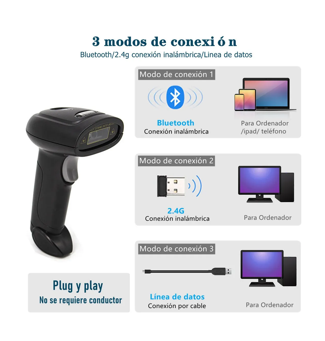 Foto 3 | Lector Codigo De Barras Inalámbrico 1d/2d Lector Qr Bluetooth Negro