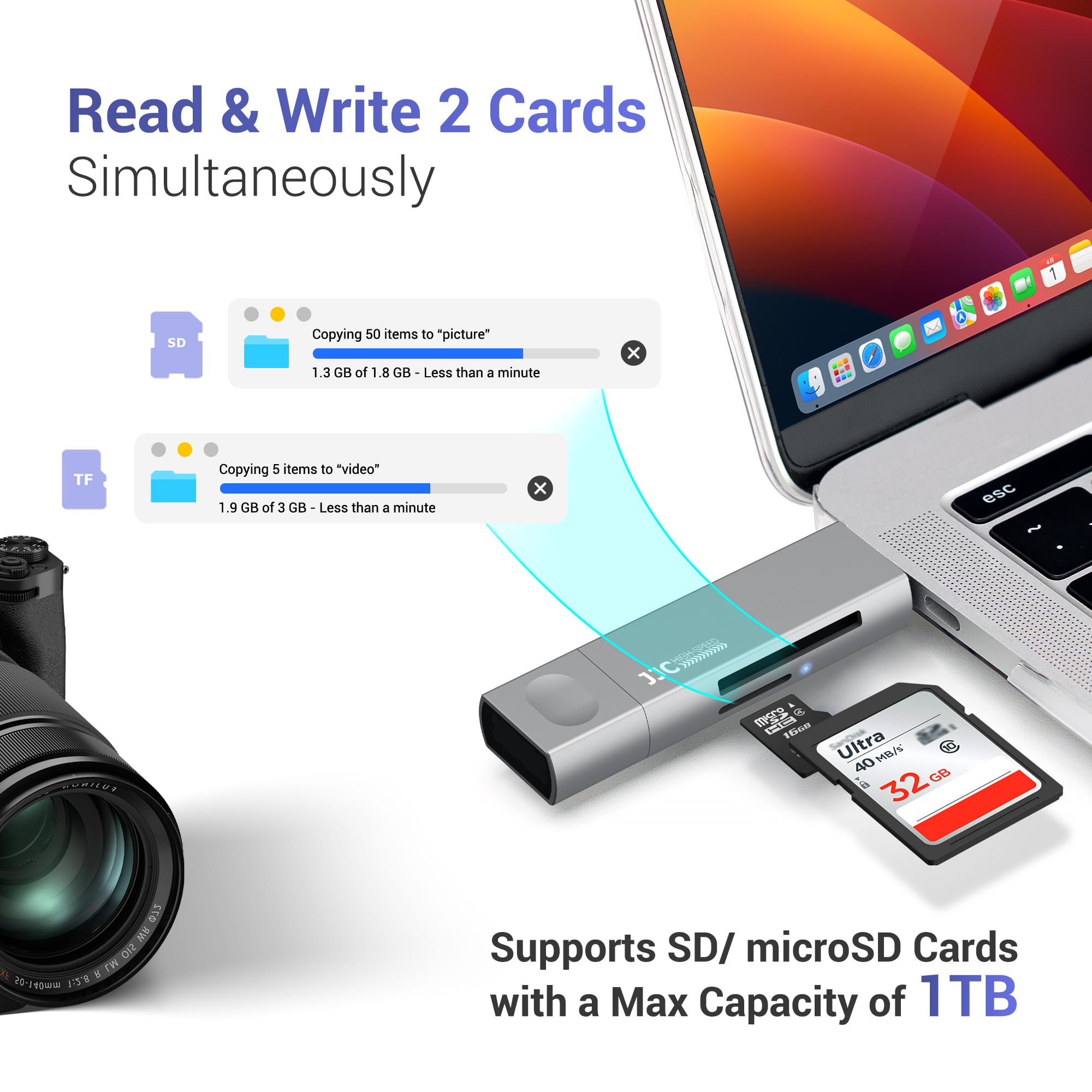 Foto 6 | Lector De Tarjetas Jjc Portátil De Aleación De Aluminio Usb-c Usb-a Sd/tf Gris - Venta Internacional.
