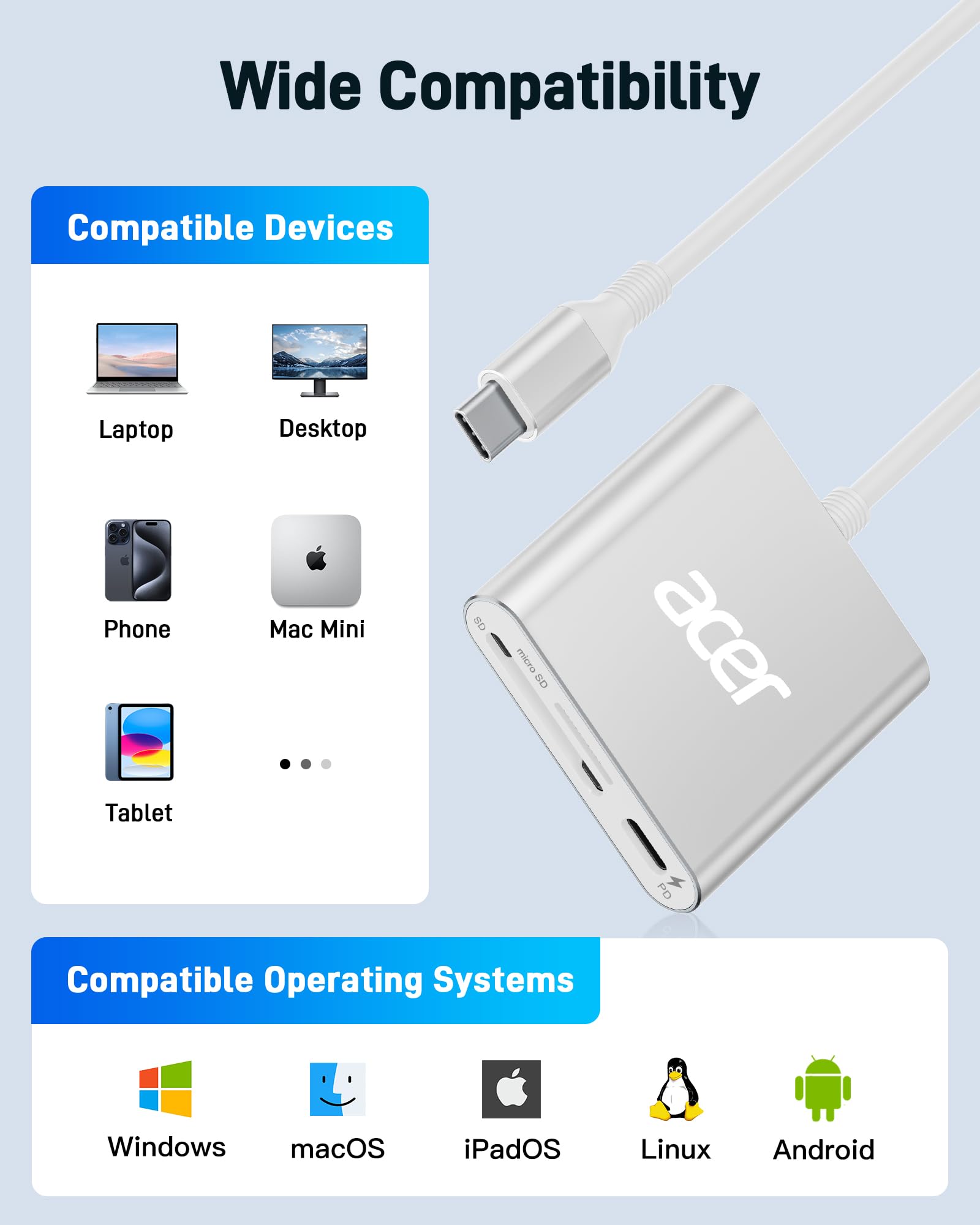 Foto 7 | Lector De Tarjetas Acer Sd 4.0 Uhs-ii Lector Micro Sd Usb C Plateado - Venta Internacional.