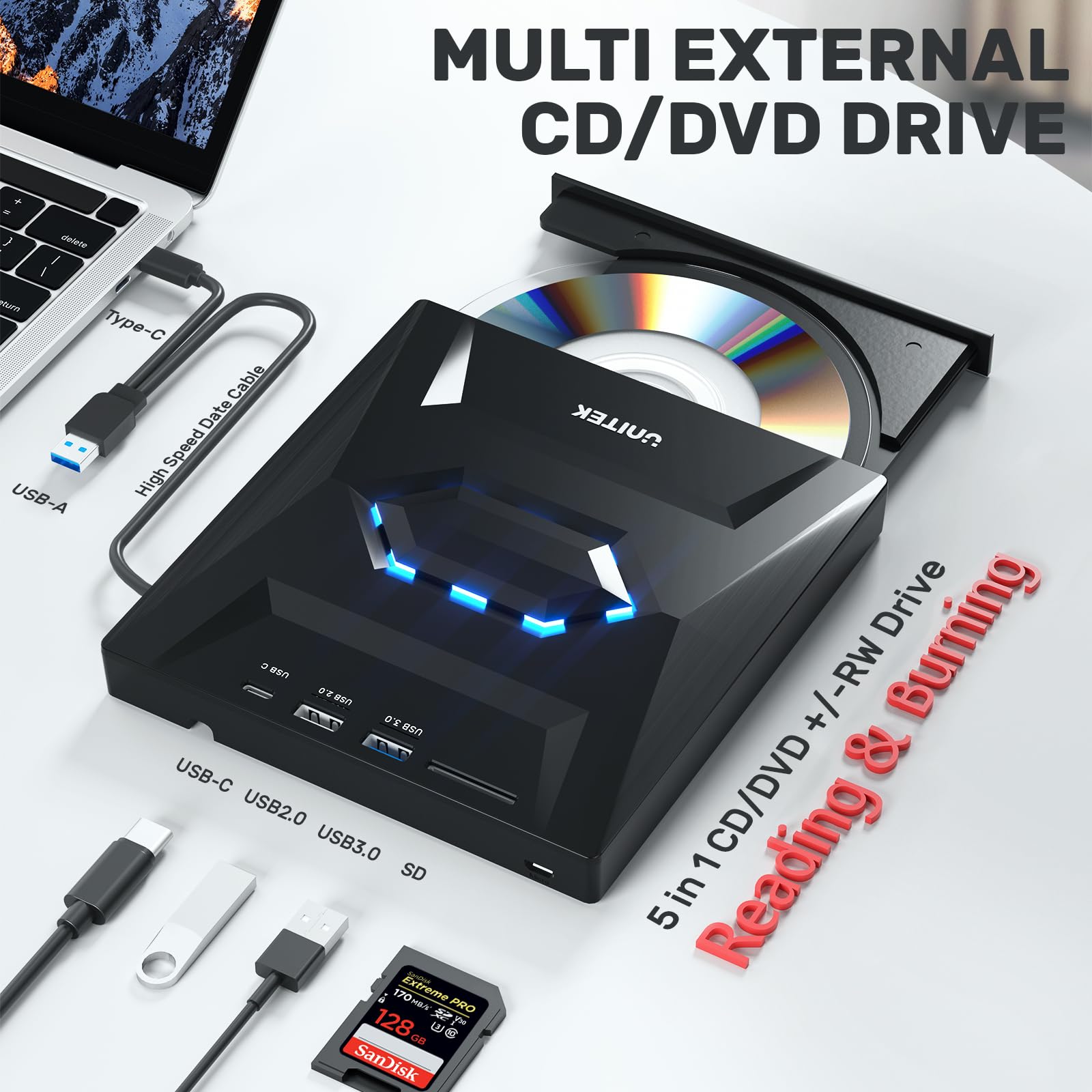Foto 2 | Unidad Externa De Cd Y Dvd Unitek Usb C Portátil +/-rw Con Lector Sd - Venta Internacional.