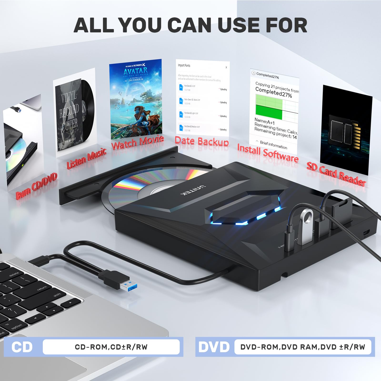 Foto 5 pulgar | Unidad Externa De Cd Y Dvd Unitek Usb C Portátil +/-rw Con Lector Sd - Venta Internacional.