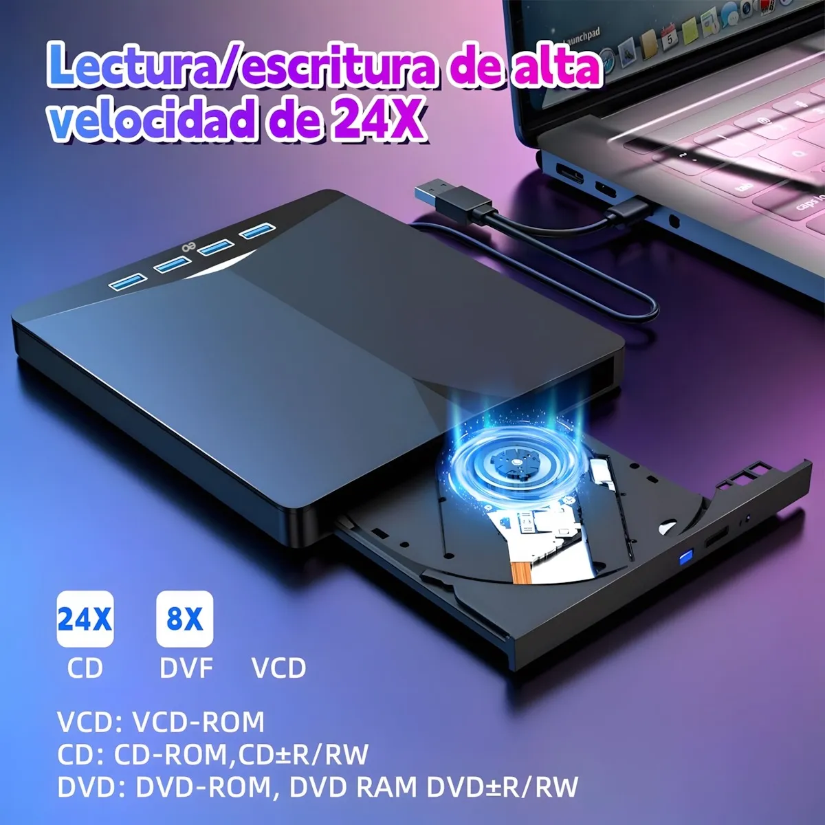 Foto 3 pulgar | Quemador Discos Lector Dvd Externo Quemador Cd Usb + Tipo C Eo Safe Imports Esi-20129 Negro
