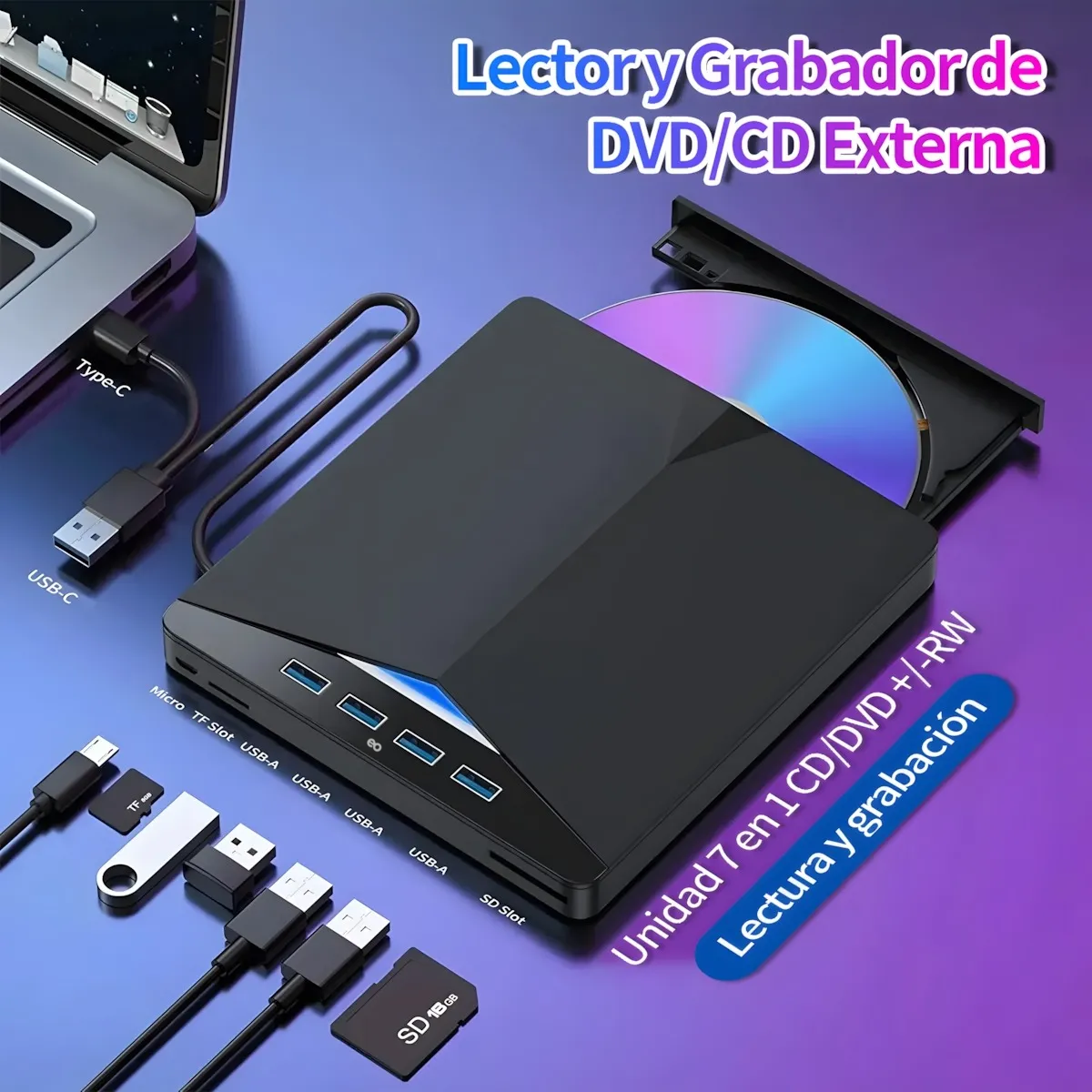 Foto 4 pulgar | Quemador Discos Lector Dvd Externo Quemador Cd Usb + Tipo C Eo Safe Imports Esi-20129 Negro