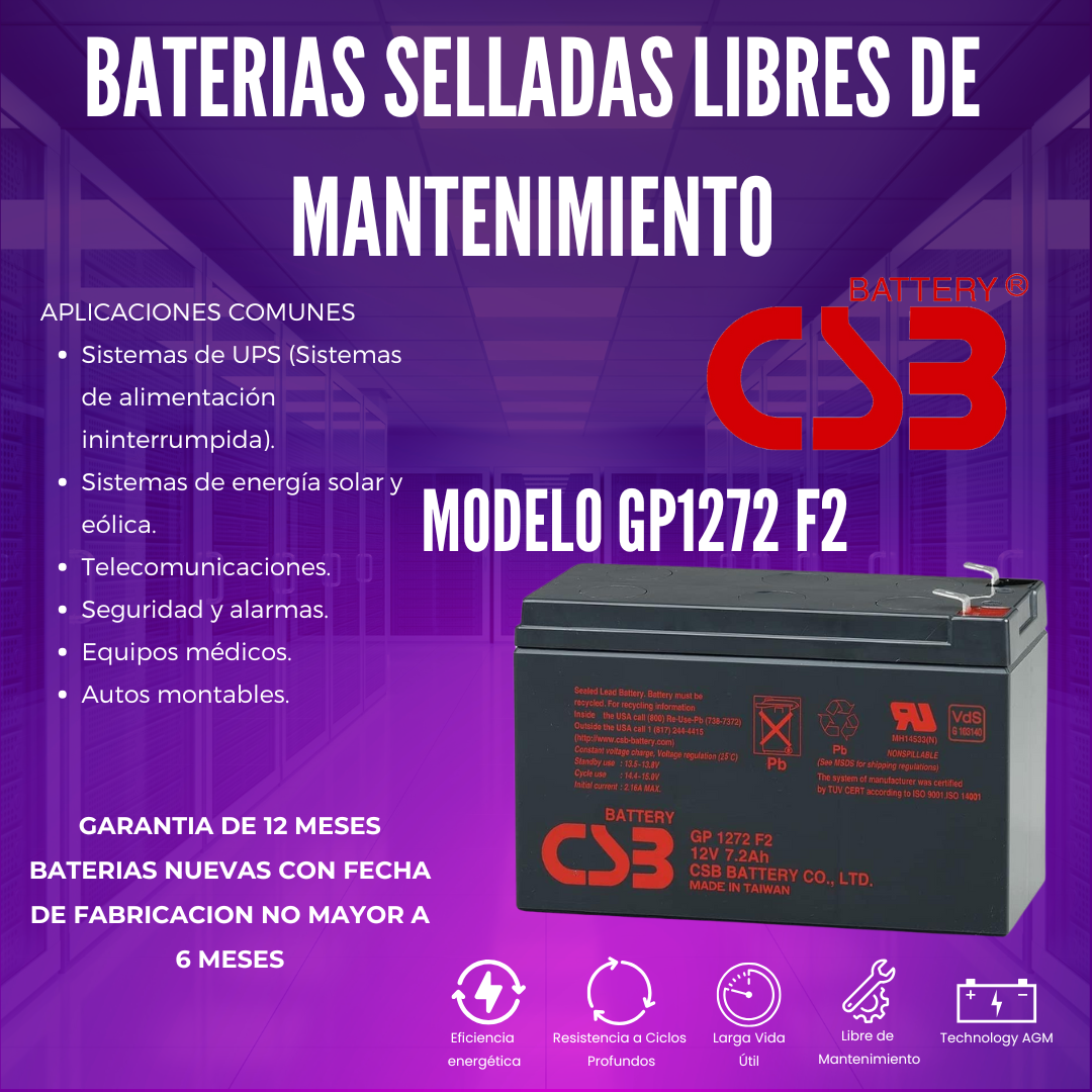 Foto 4 | Batería Sellada CSB GPL1272 12V 7.2Ah para Sistemas de Nobreak y Seguridad