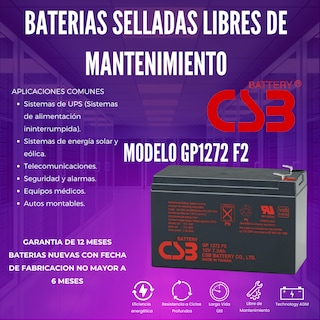 Foto 4 | Batería Sellada CSB GPL1272 12V 7.2Ah para Sistemas de Nobreak y Seguridad