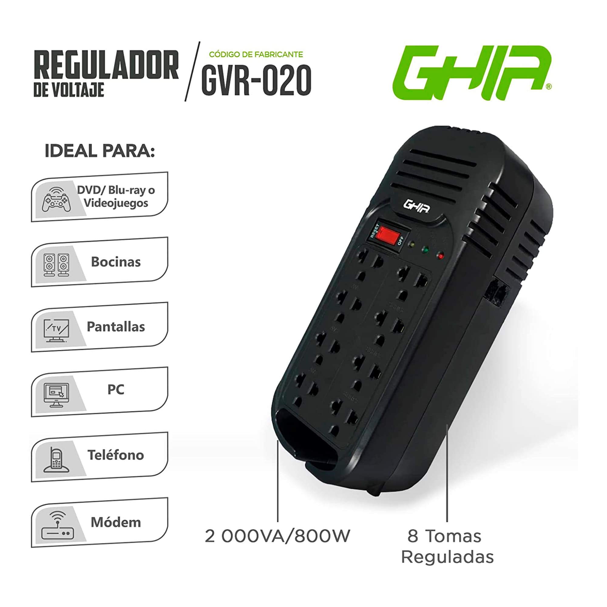 Foto 3 | Regulador de Voltaje de 2000va/800w Ghia Gvr-020 color Negro con 8 Contactos