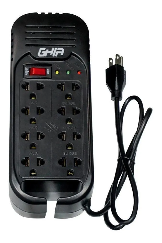 Regulador de Voltaje de 1300va/600w Ghia Gvr-013 color Negro con 8 Contactos