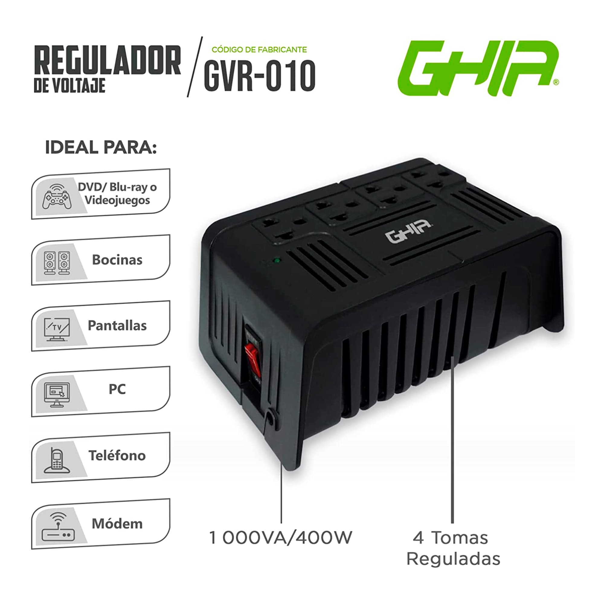 Foto 4 pulgar | Regulador de Voltaje de 1000va/400w, Ghia Gvr-010 color Negro con 4 Contactos