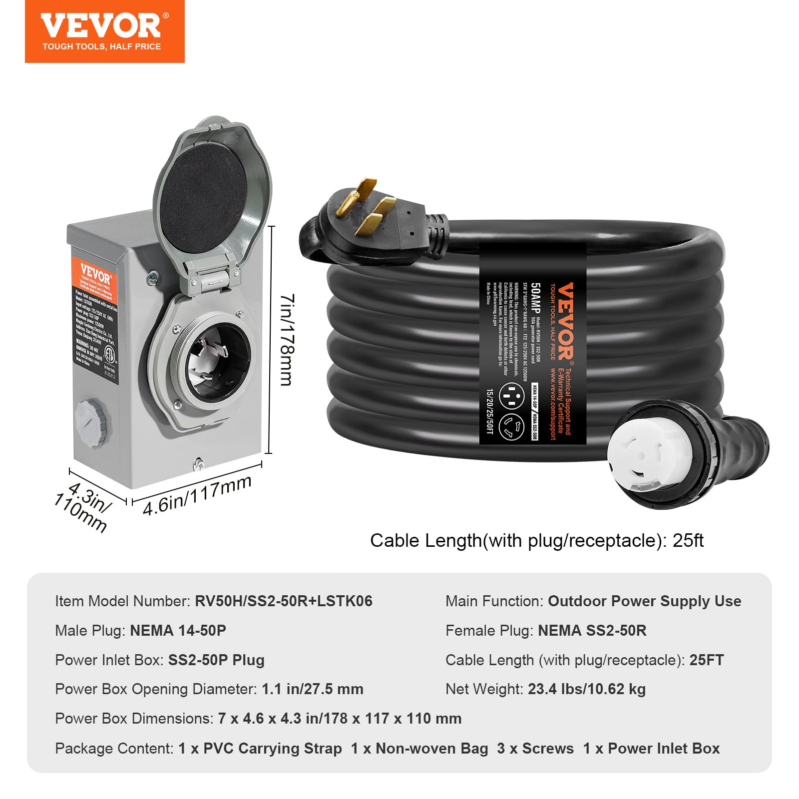 Foto 7 | Kit De Cable De Generador Y Caja De Entrada De Alimentación Vevor, 50 Amperios Y 25 Pies - Venta Internacional.