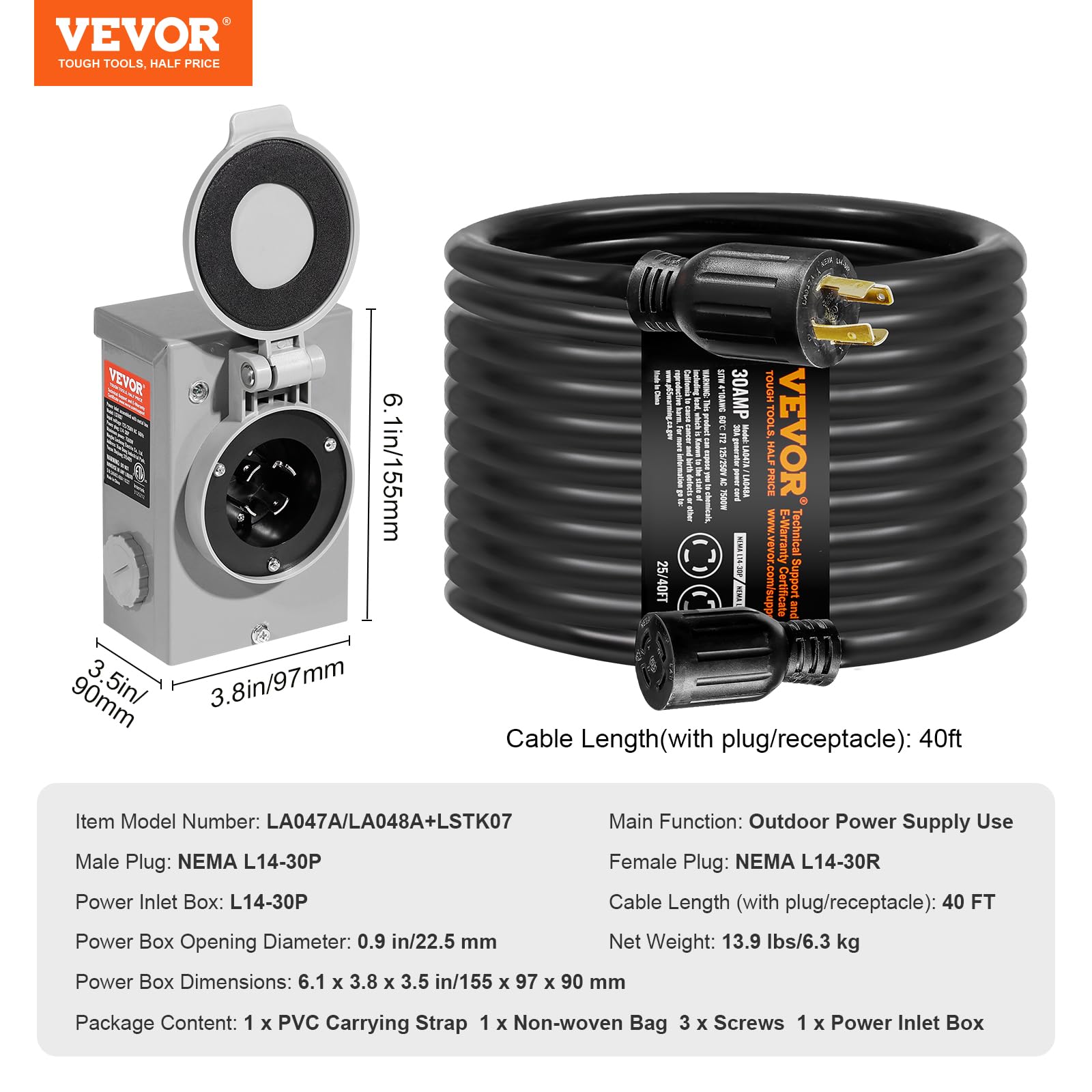 Foto 7 | Kit De Cable De Generador Y Caja De Entrada De Alimentación Vevor 30 A 40 Pies - Venta Internacional.
