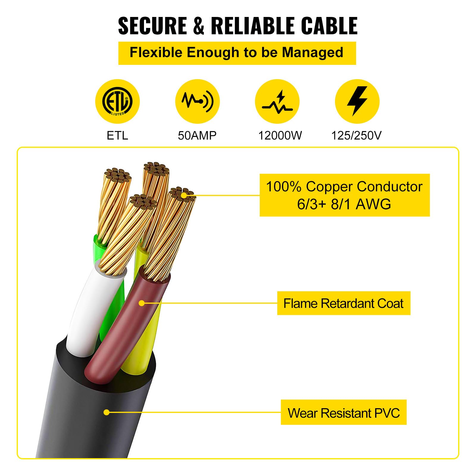 Foto 4 pulgar | Cable De Extensión Para Generador Vevor, 50 Amperios, 15 Pies, 1200 W, 125/250 V - Venta Internacional.