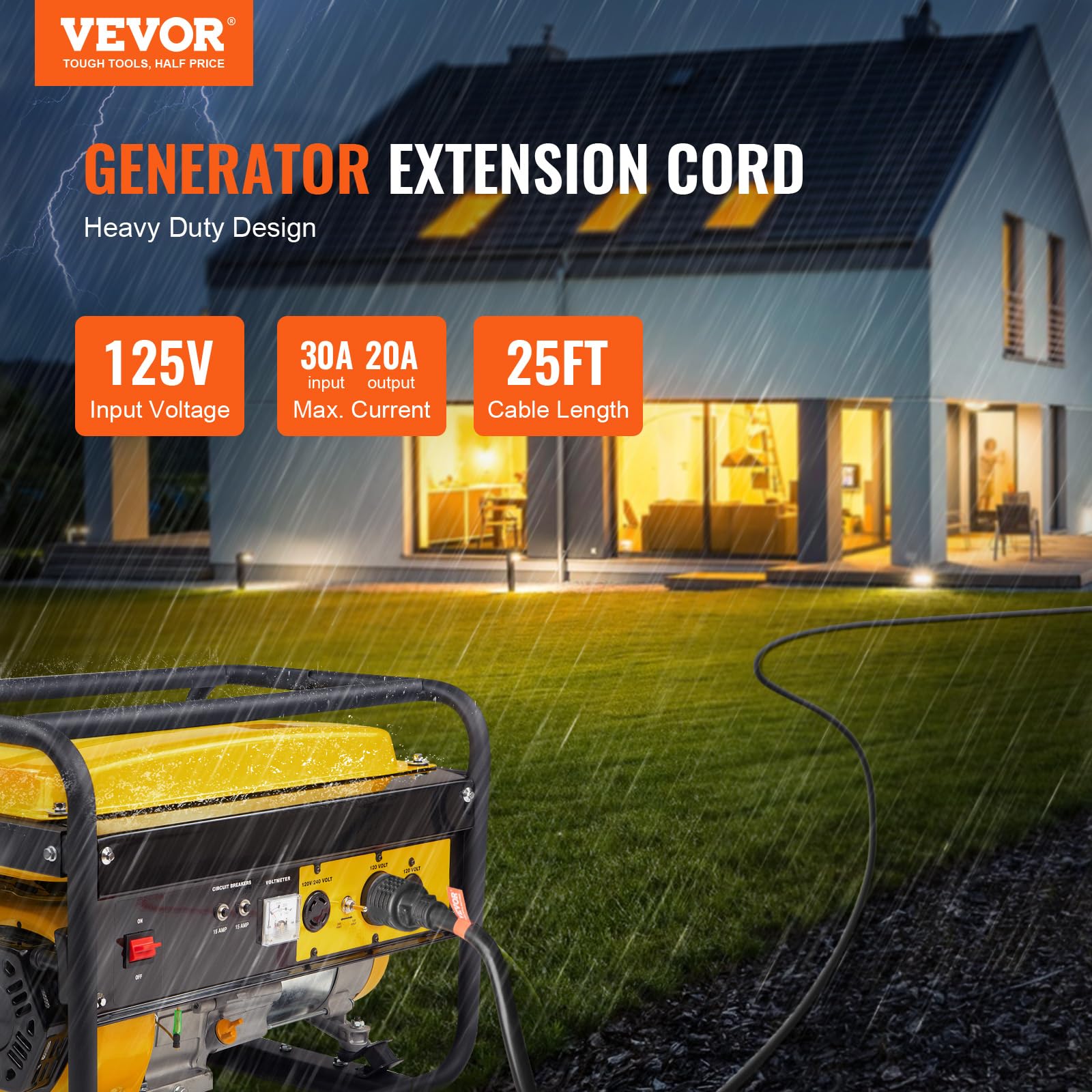 Foto 2 | Cable De Extensión Vevor La047b/la052ma, 30 Amperios, 25 Pies, 125 V, 3750 W - Venta Internacional.