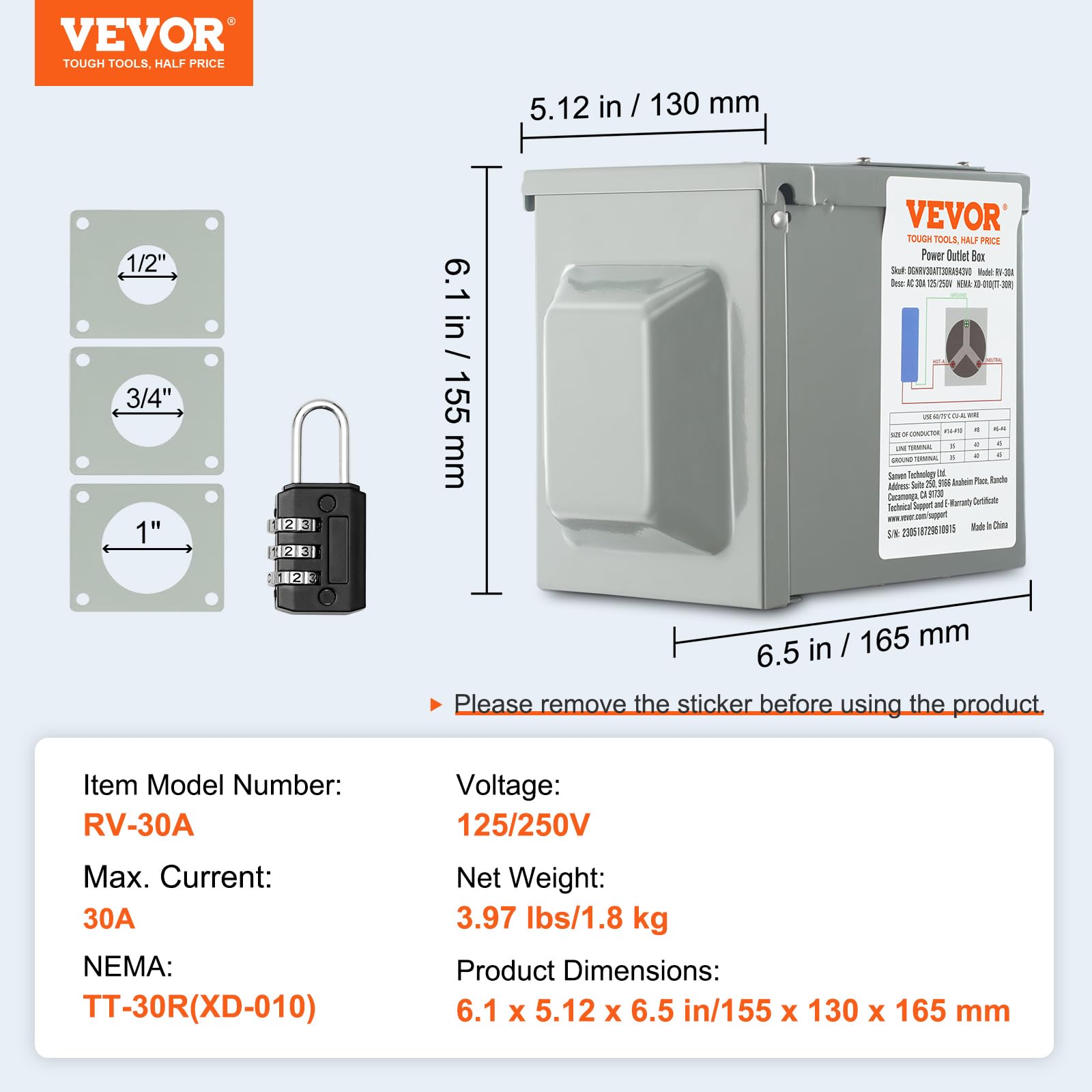 Foto 7 | Caja De Toma De Corriente Rv Vevor 30a 125/250v Nema Tt-30r Weatherpro - Venta Internacional.