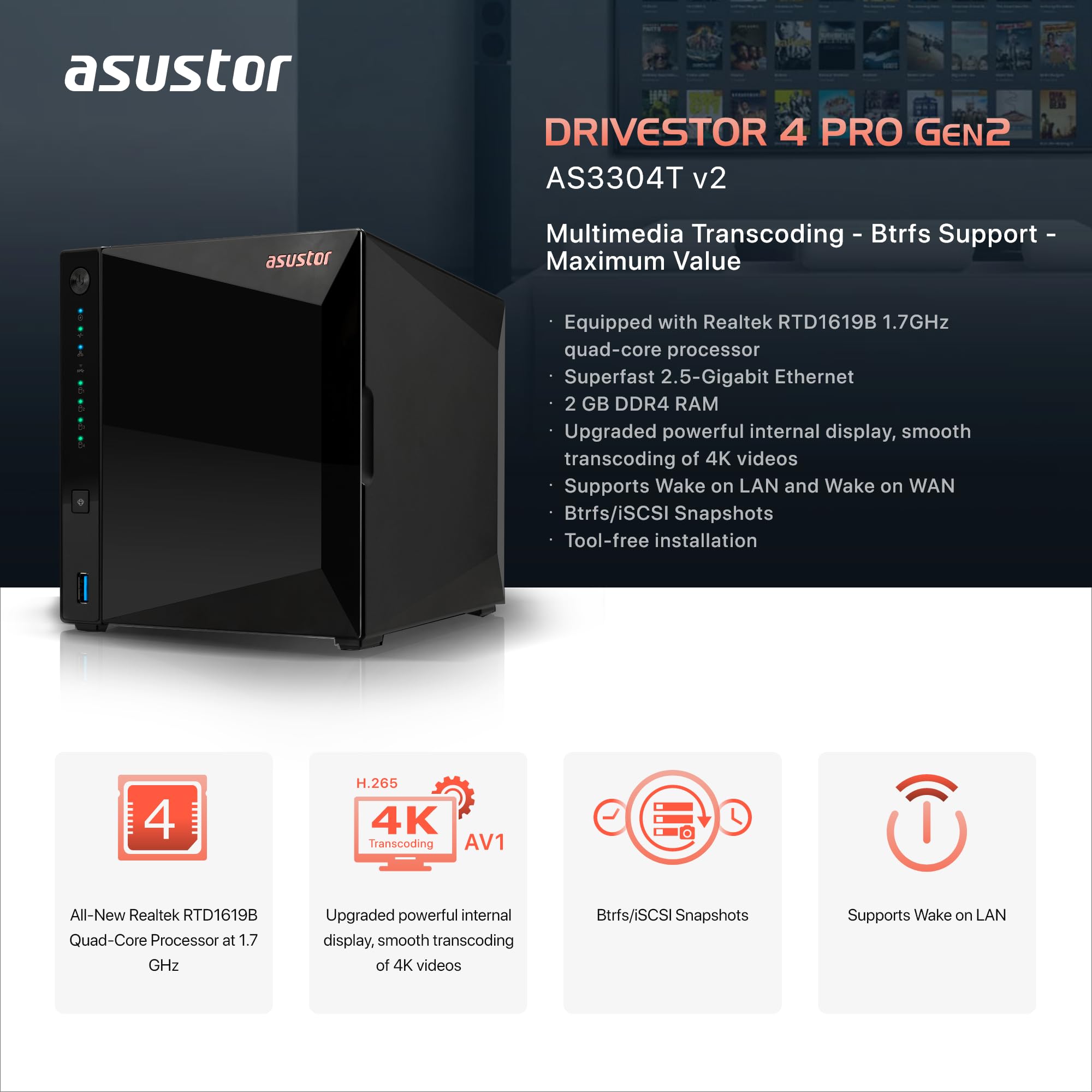 Foto 3 pulgar | Almacenamiento En Red Nas Asustor Drivestor 4 Pro Gen2 As3304t V2 4 Bay 2 Gb Ram Ddr4 - Venta Internacional.