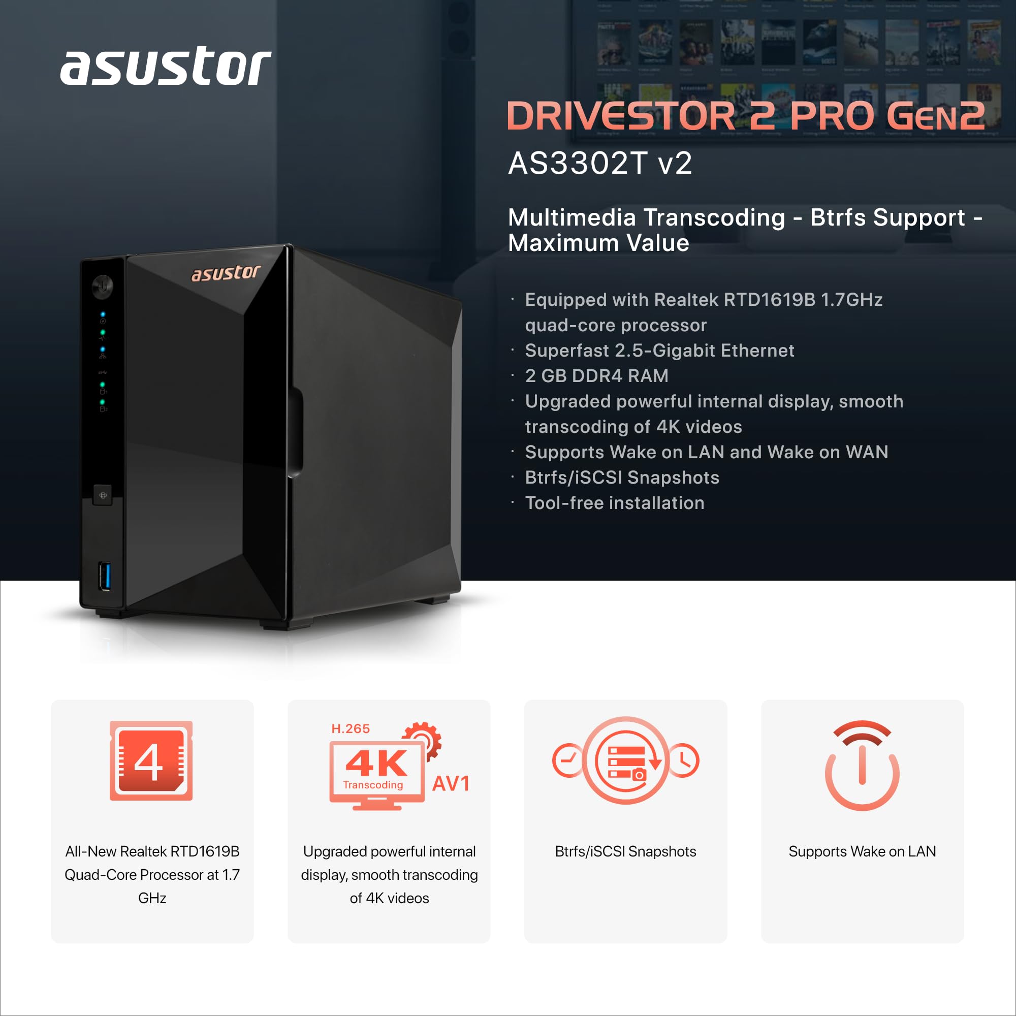 Foto 3 pulgar | Carcasa Nas Asustor Drivestor 2 Pro Gen2 As3302t V2 De 2 Bahías - Venta Internacional.