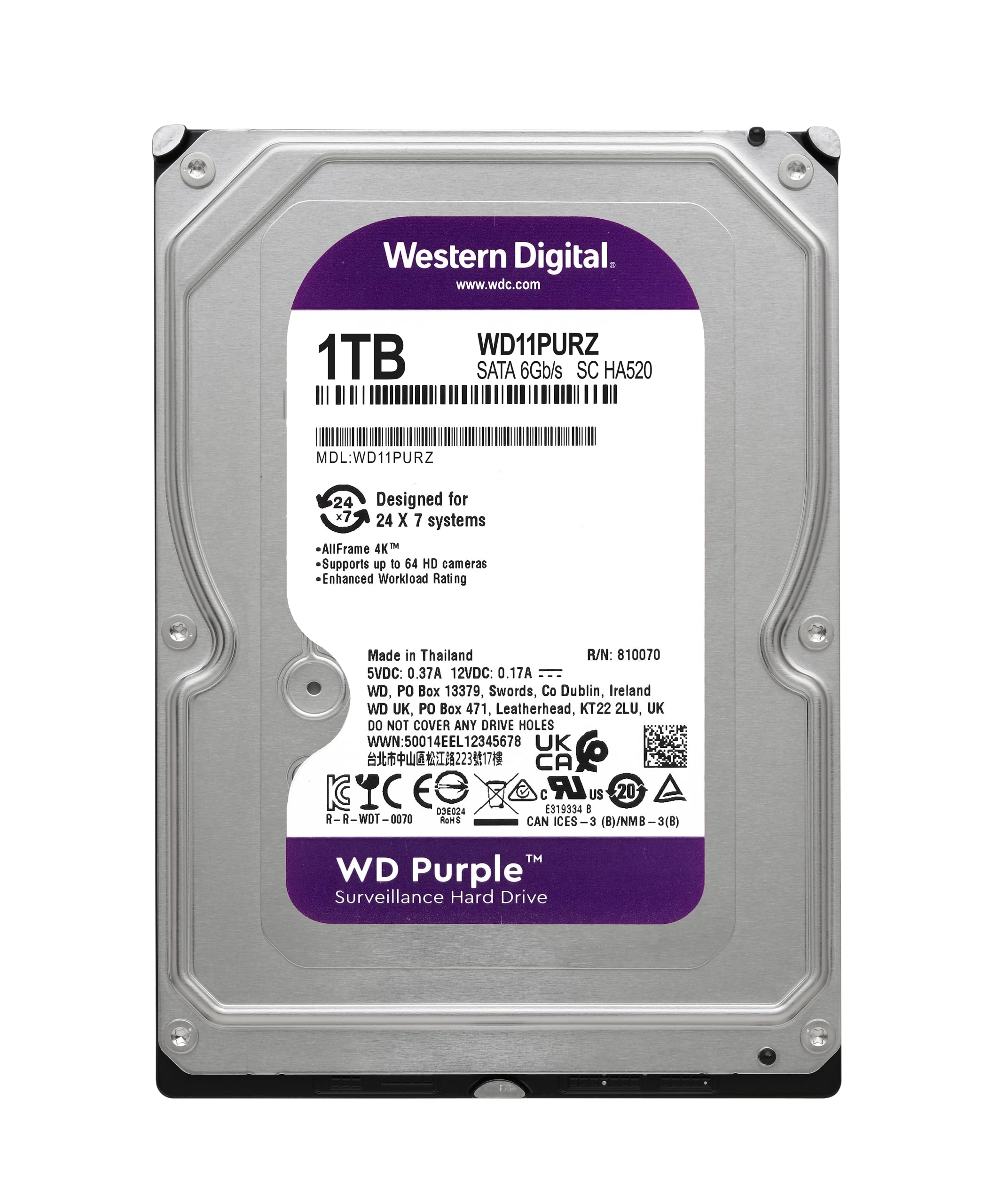 Foto 2 | Disco Duro Western Digital Wd Purple 1 Tb Sata 6 Gb/s 3.5'' - Venta Internacional.
