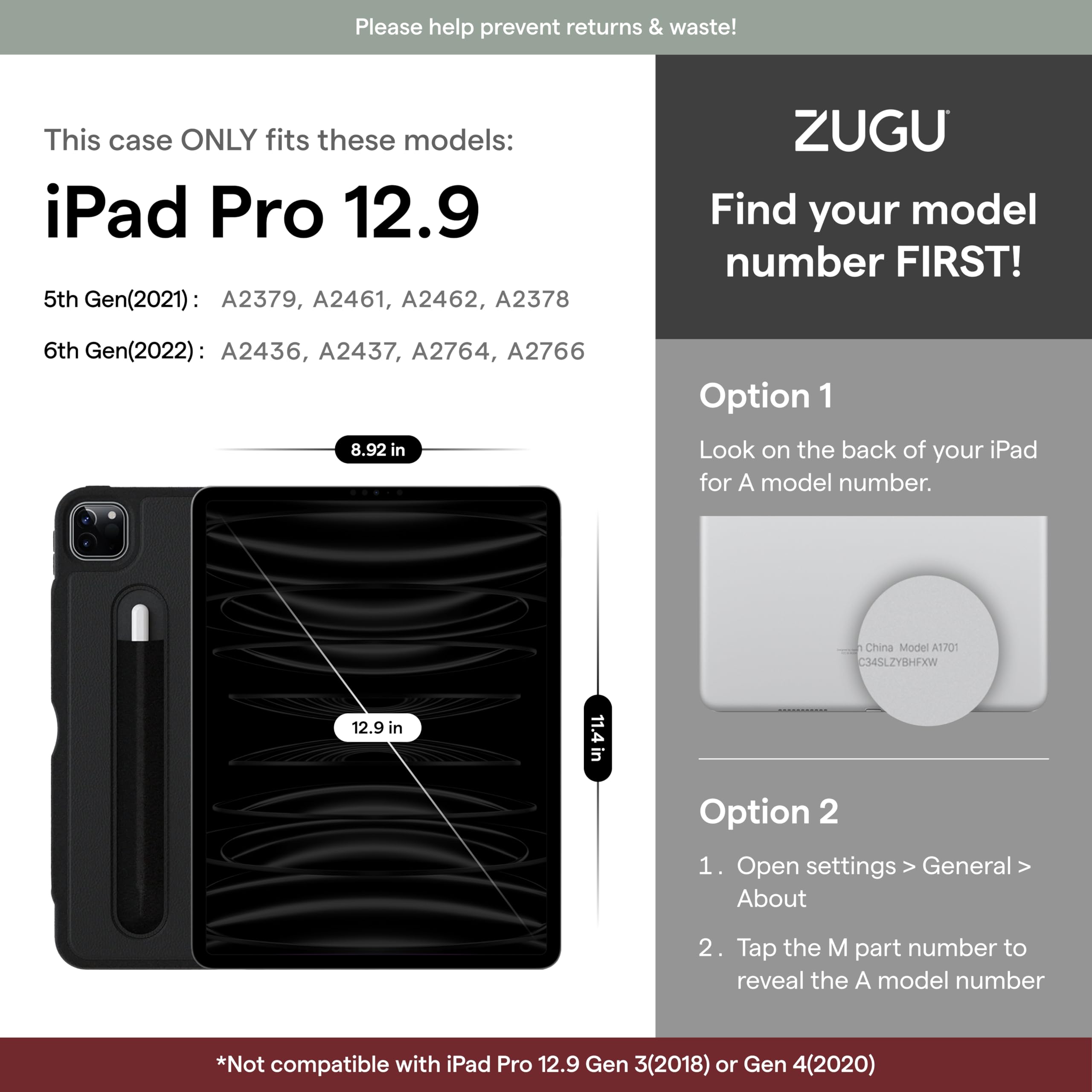 Foto 3 pulgar | Funda Zugu Para Ipad Pro 12.9 5.ª Y 6.ª Generación 2021/2022, Color Negro - Venta Internacional.