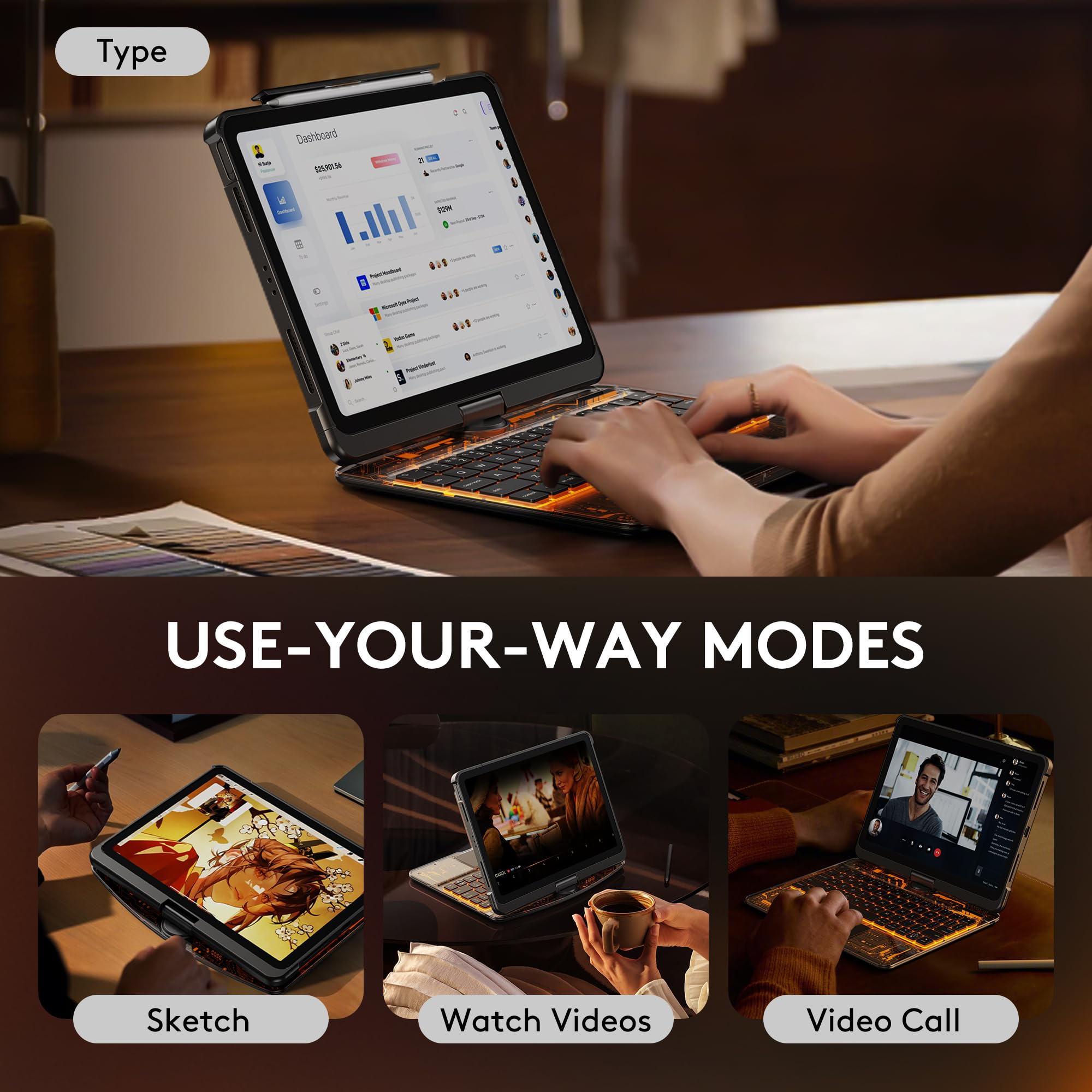 Foto 3 | Funda Con Teclado Inalámbrico Para Ipad Air M2 11'' Gusgu Negra - Venta Internacional.