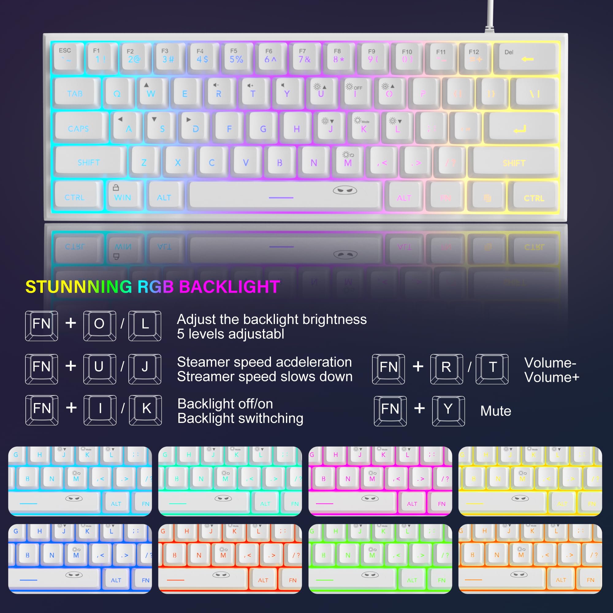 Foto 3 pulgar | Teclado Gaming Magegee Mini 60% Rgb Retroiluminado Ts91 Blanco - Venta Internacional.