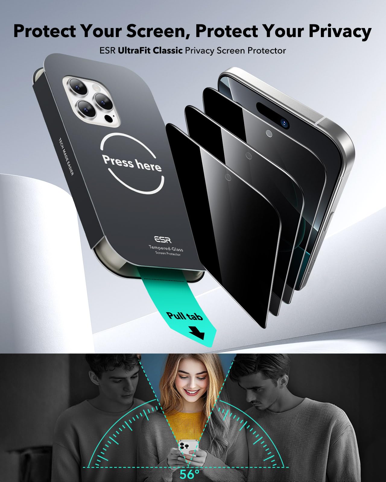 Foto 3 pulgar | Paquete De Protectores De Pantalla Esr 3 Para Iphone 16 Pro Privacy - Venta Internacional.