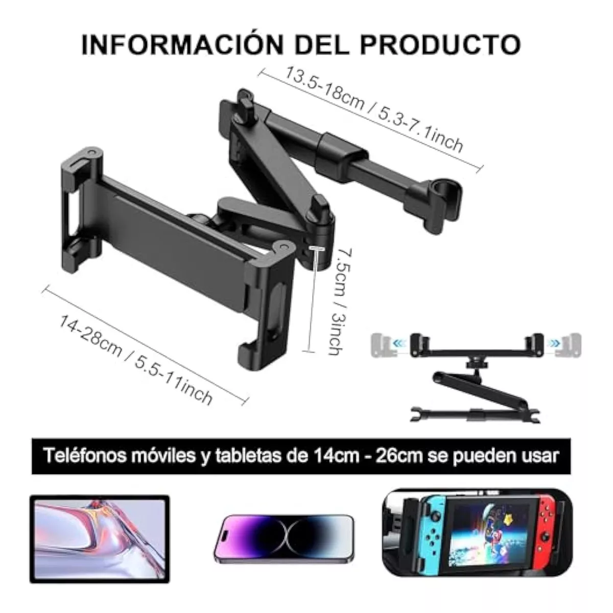 Foto 3 pulgar | Soporte Tablet Coche Auto Base Para Ipad Celular Ajustable Eo Safe Imports Esi-14373 Negro