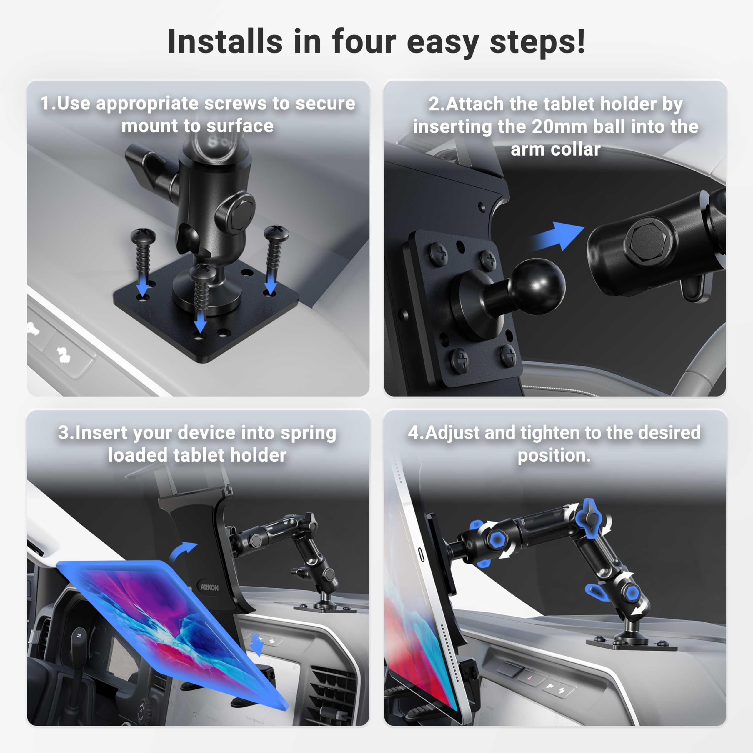 Foto 6 pulgar | Soporte Para Tableta Arkon Heavy-duty Con Base De Taladro Para Coche Y Pared - Venta Internacional.