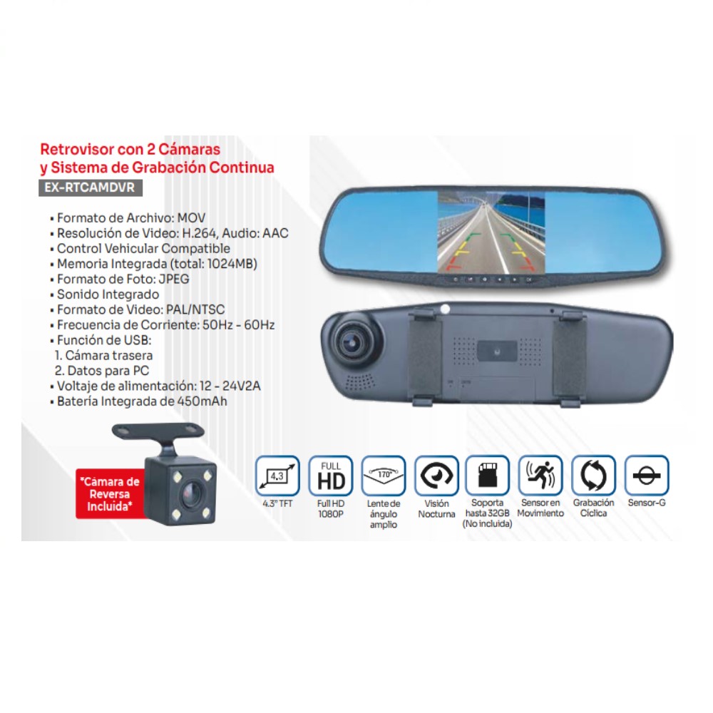 Foto 3 pulgar | Retrovisor Extreme Ex-rtcamdvr color Negro con 2 Cámaras y Sistema de Grabación Continúa
