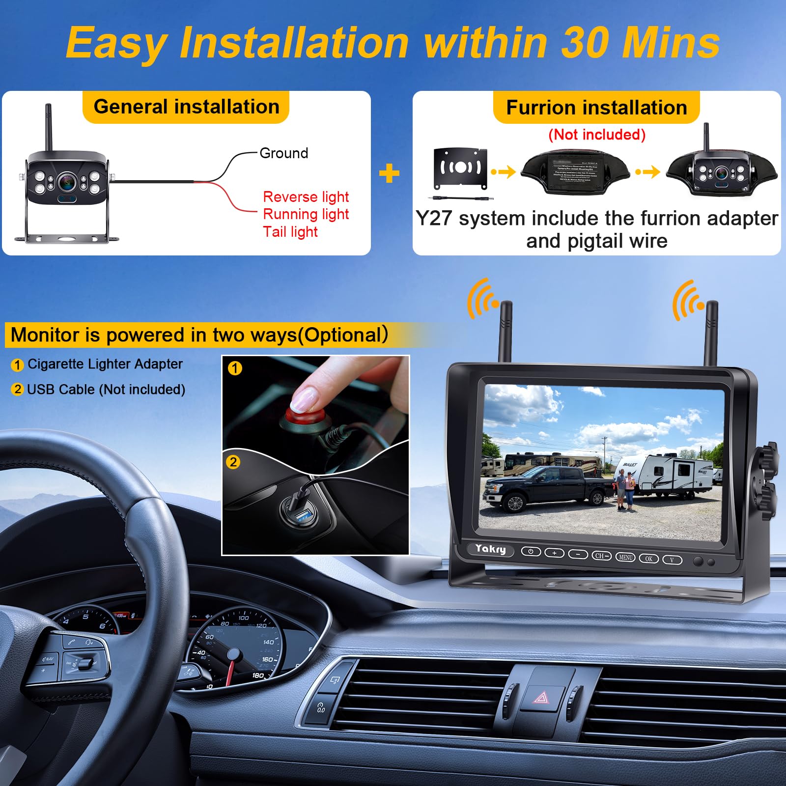 Foto 4 pulgar | Cámara De Respaldo Rv Inalámbrica Yakry Y27-n Hd 1080p Con Monitor De 7 Pulgadas - Venta Internacional.