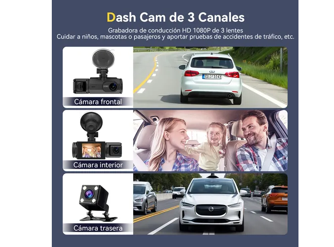 Foto 2 | Cámara Para Automovil Accesorio Dashcamera 3pantalla Hd1080p