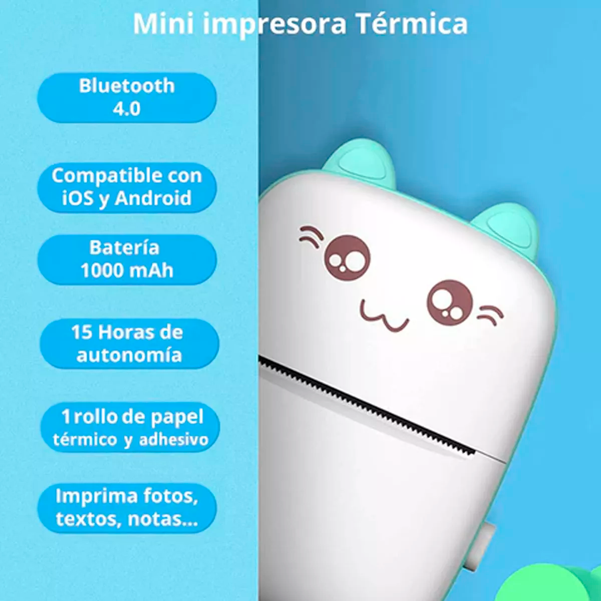 Foto 2 | Mini Impresora Térmica Portátil Kimhi Inalámbricas Bluetooth Sin Tinta Para Ios/android Celular Pc Color Azul