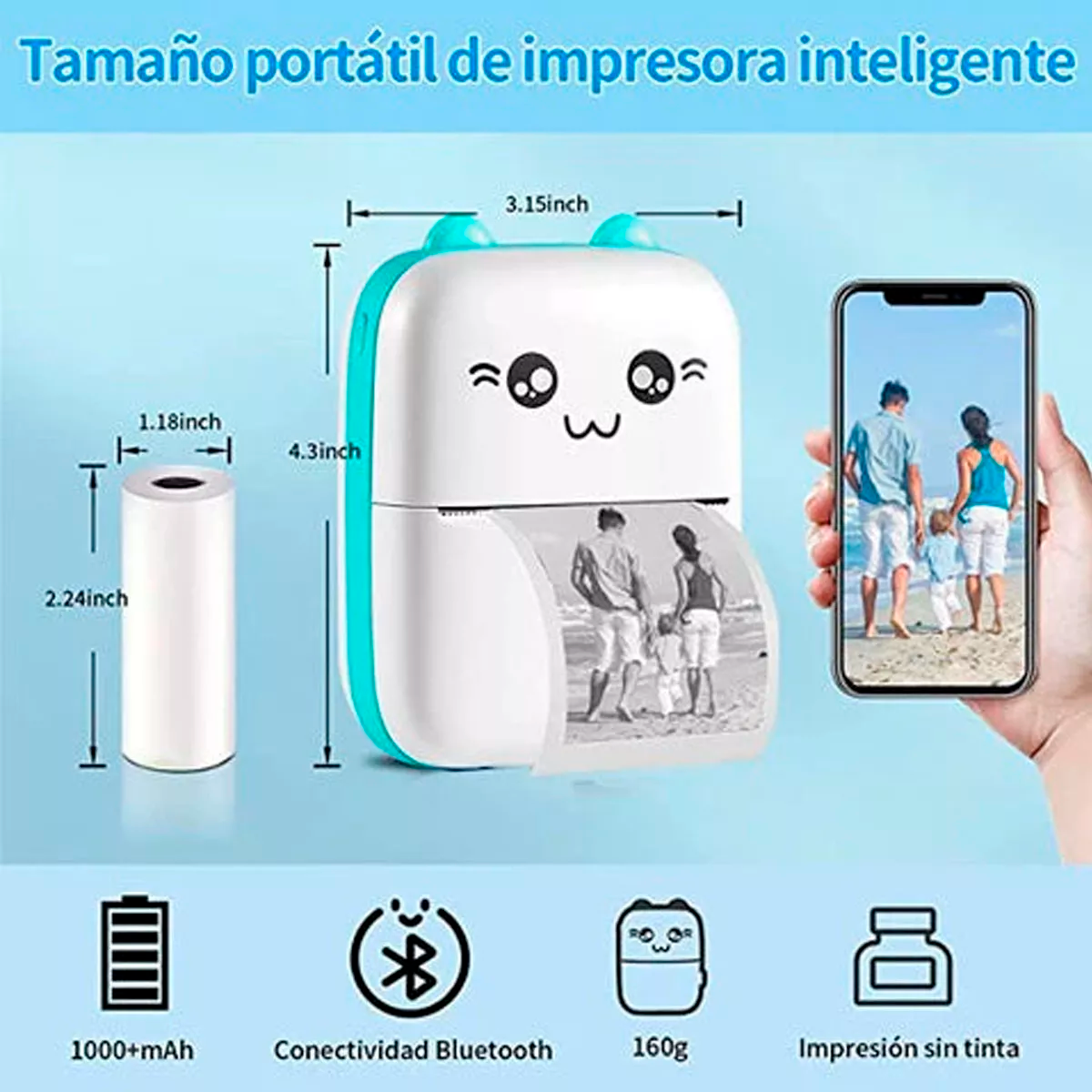 Foto 5 pulgar | Mini Impresora Térmica Portátil Kimhi Inalámbricas Bluetooth Sin Tinta Para Ios/android Celular Pc Color Azul