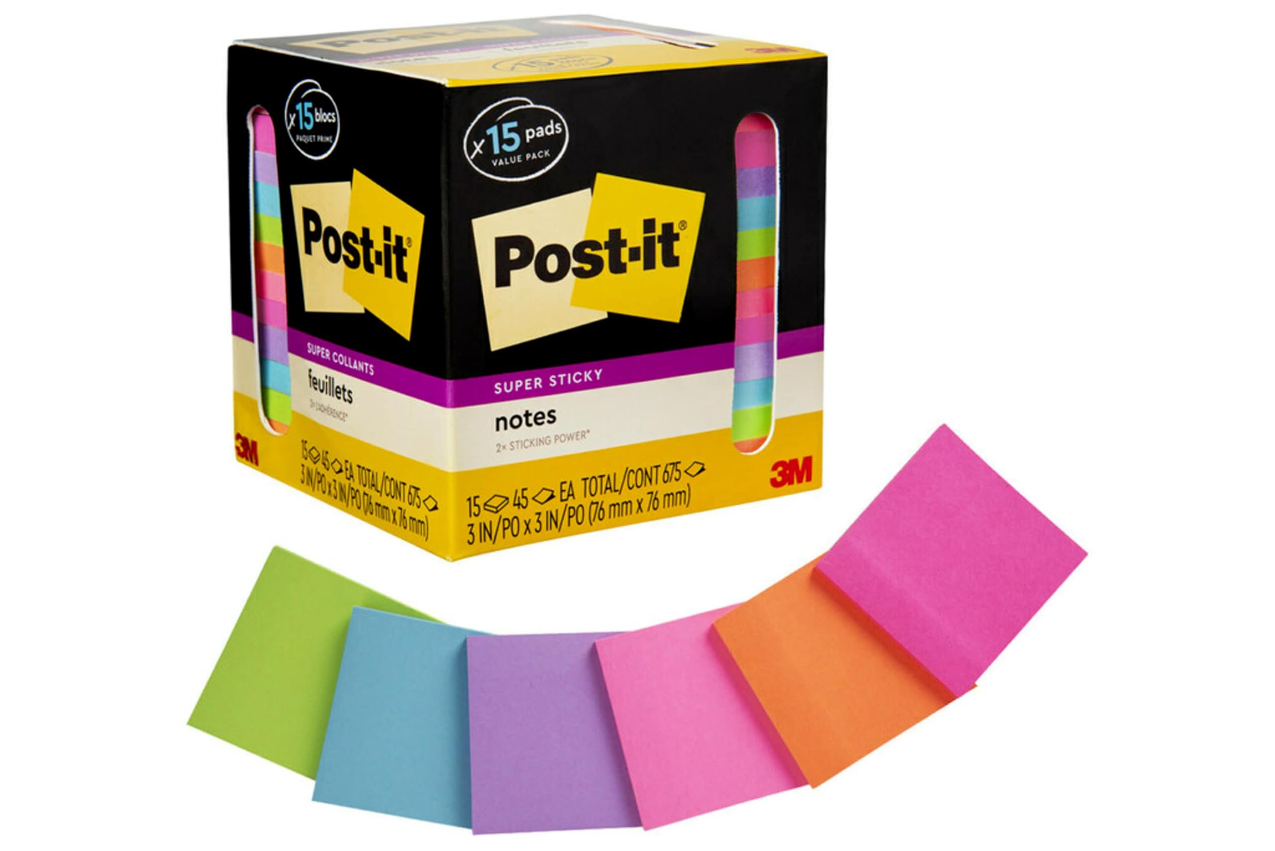 Sticky Notes Post-it Super Sticky 3 X 3 En 15 Blocs, 45 Hojas - Venta Internacional.