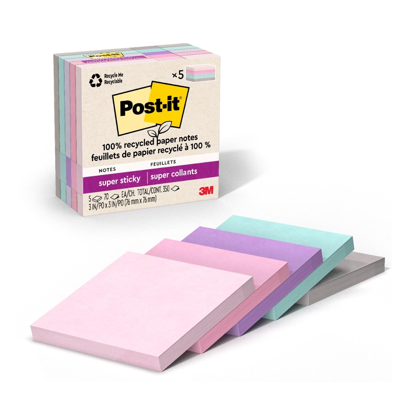 Sticky Notes Post-it, Papel 100% Reciclado, 5 Cuadernos, 3 X 3 Pulgadas - Venta Internacional.