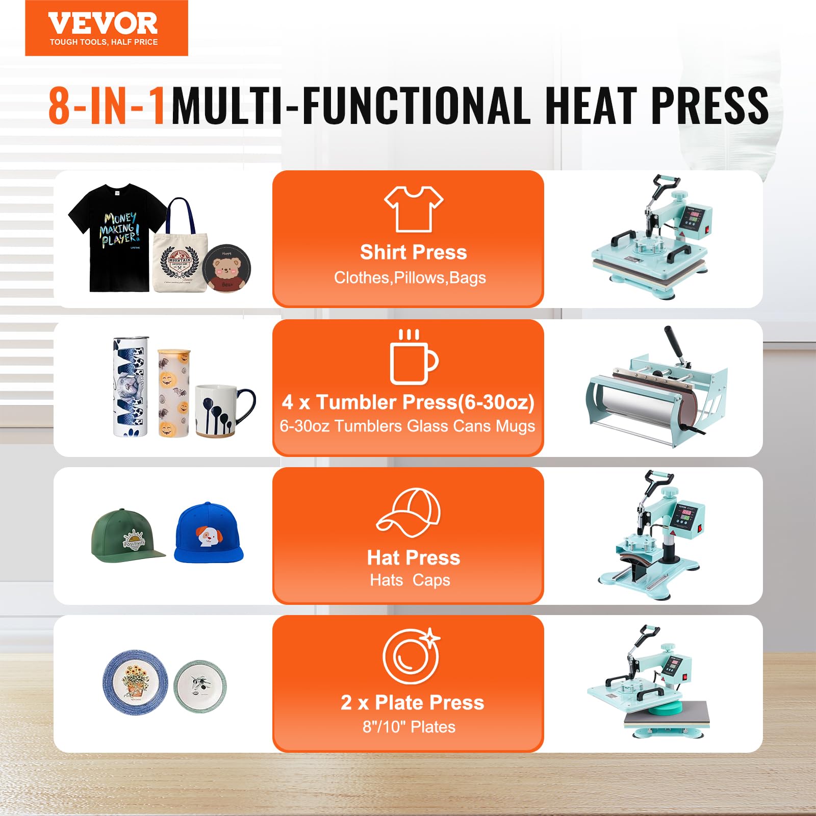 Foto 6 pulgar | Heat Press Vevor 8 En 1 Con Gorro De Prensa En Vaso, 30 Ml, Color Verde Claro - Venta Internacional.