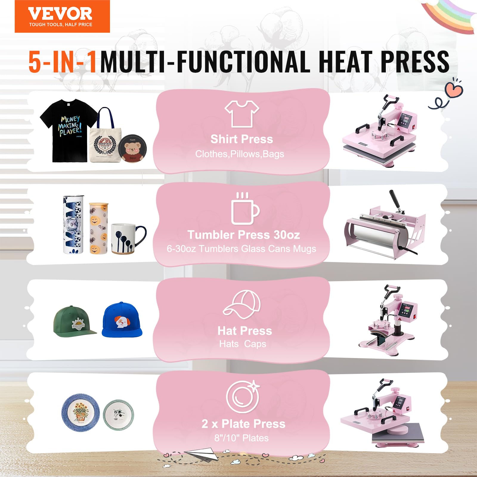 Foto 6 pulgar | Máquina De Prensado Térmico Vevor 38x38 Cm Para Camisetas 5 En 1 Rosa - Venta Internacional.