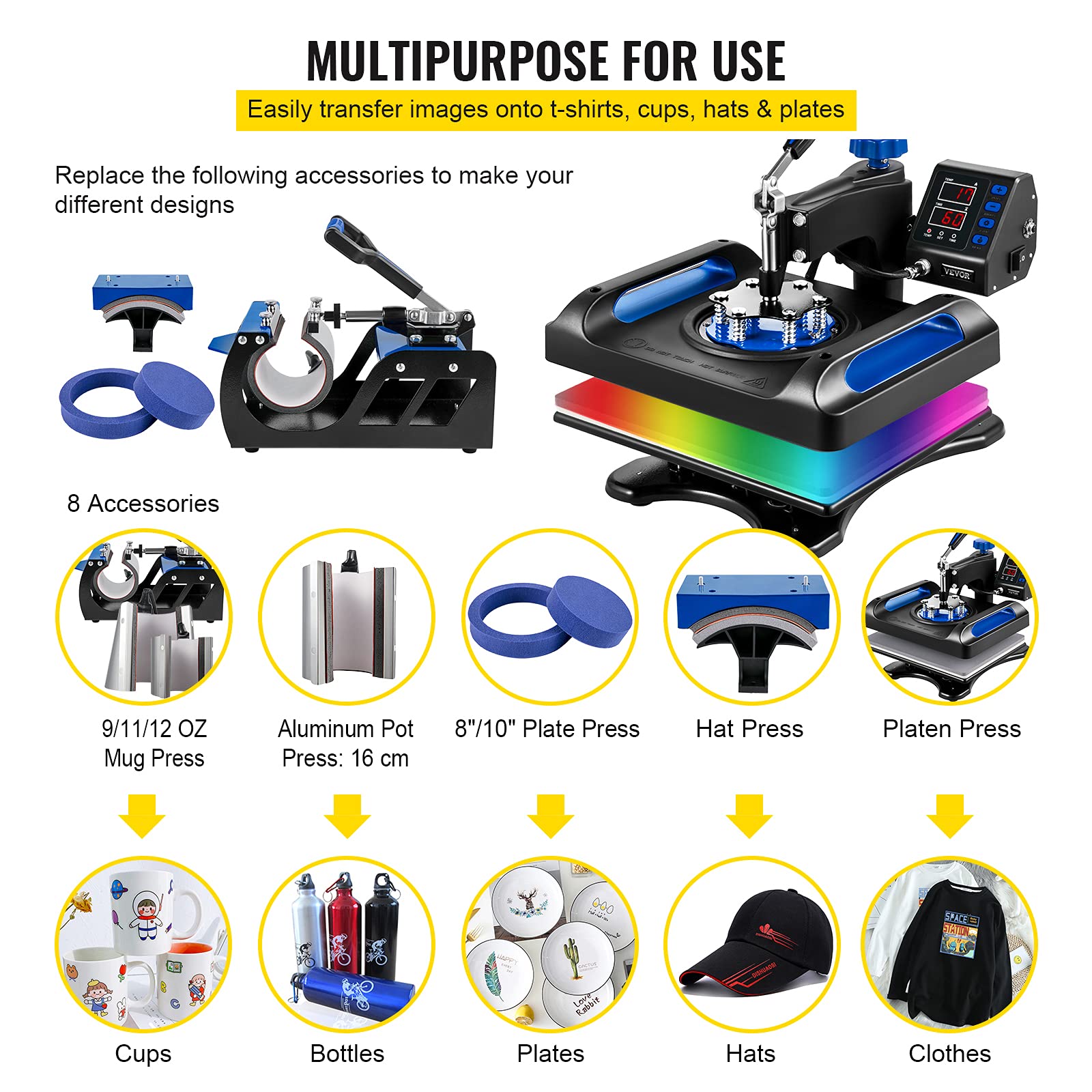 Foto 3 pulgar | Máquina De Prensado En Caliente Vevor 8 En 1, Rotación De 360°, 12 X 15 Cm, Azul - Venta Internacional.
